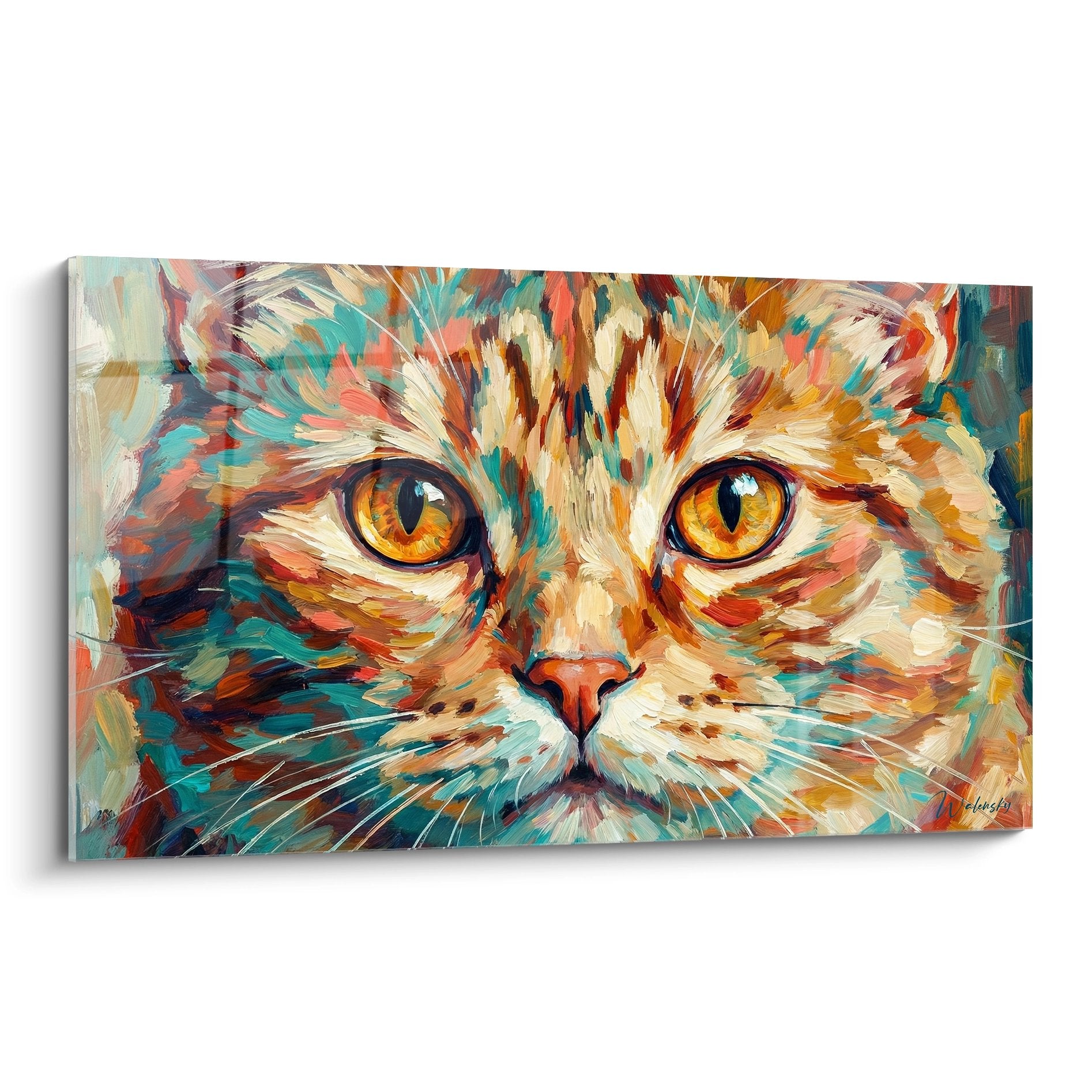 Tableau moderne représentant un chat aux couleurs vives avec des yeux dorés perçants sur toile