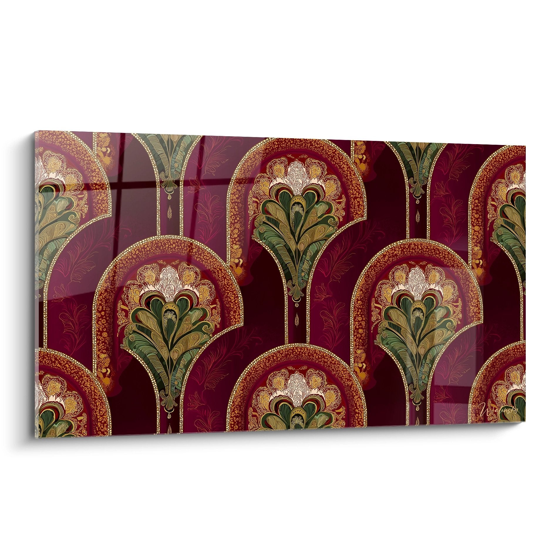 Tableau art déco motifs floraux bordeaux et or, design vintage luxueux avec palmettes stylisées