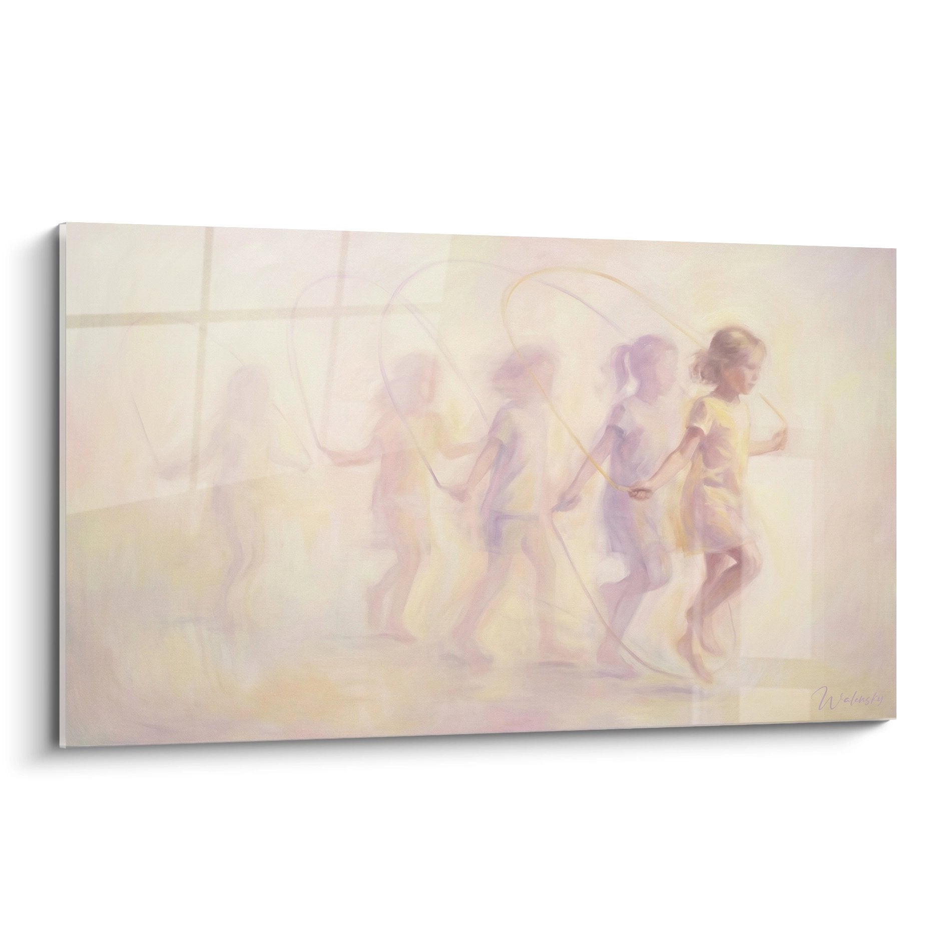 Tableau aquarelle d'enfants jouant à la corde à sauter en tons pastel mauves et roses sur fond crème