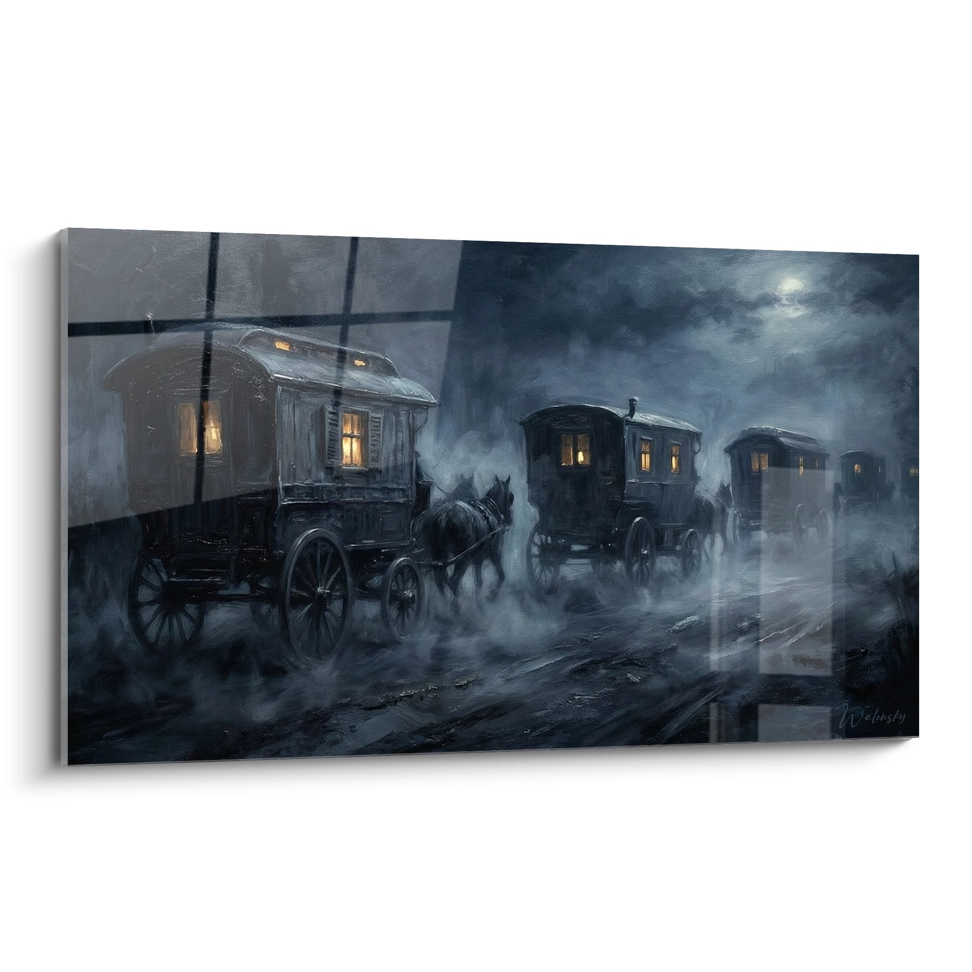 Tableau caravane cirque nocturne avec roulottes éclairées traversant paysage brumeux sous lune dramatique