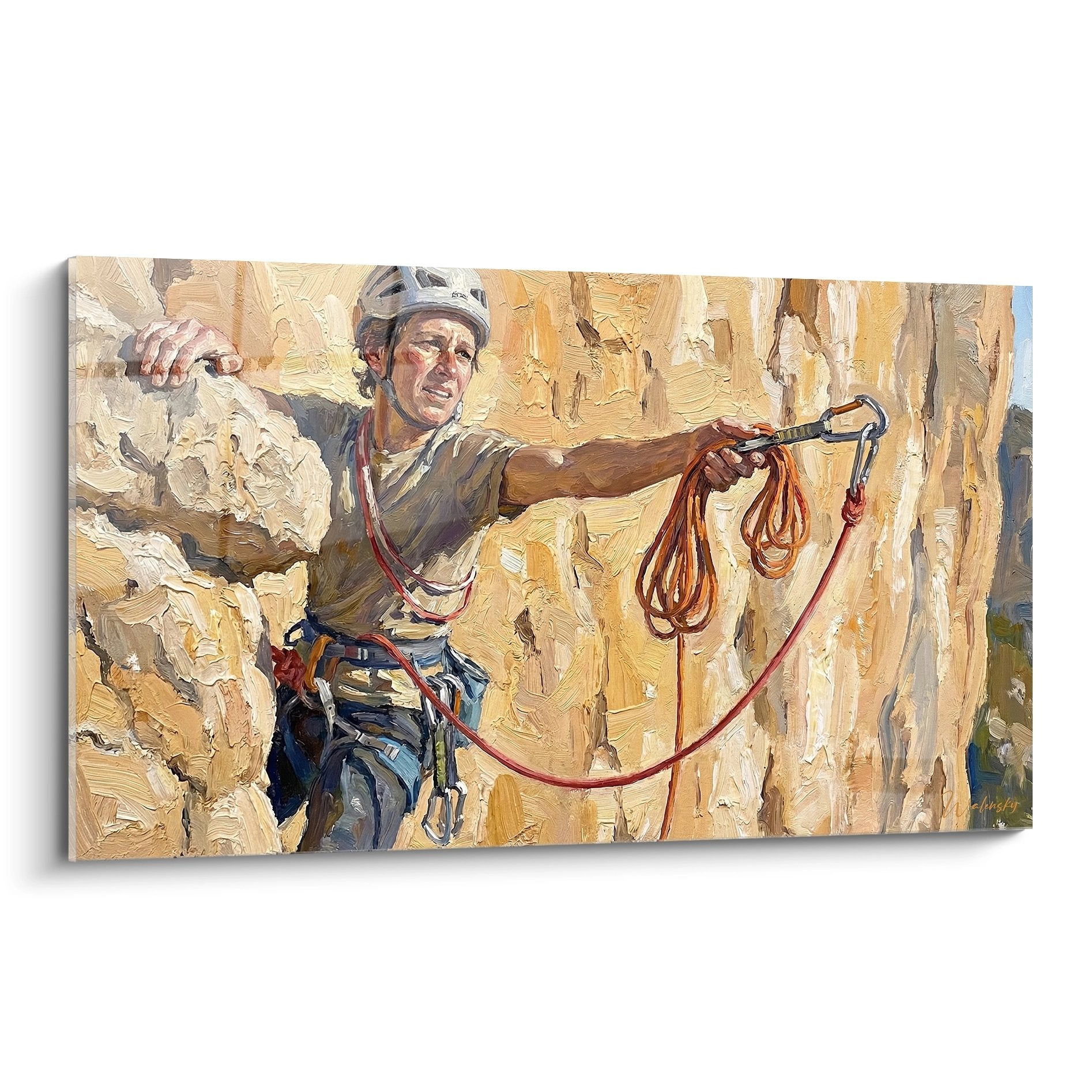 Tableau peinture grimpeur escalade action paroi rocheuse corde rouge casque sport extreme art mural