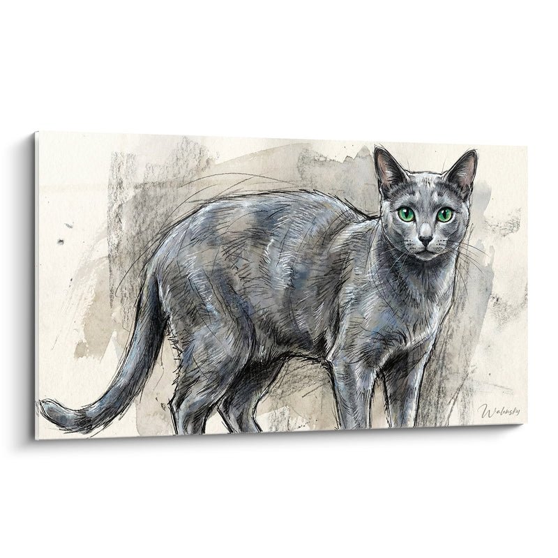 Tableau Chat Russian Blue - Esquisse aux Yeux Verts - Edition chat Russian Blue