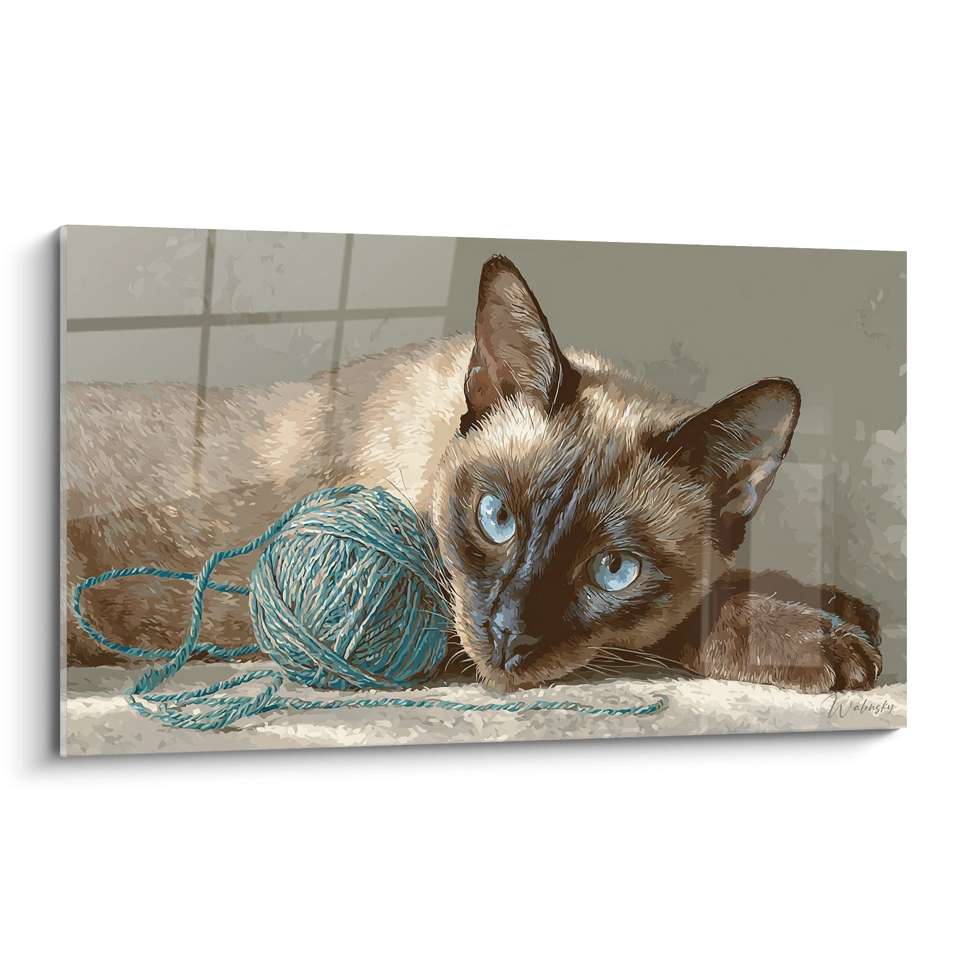 Quadro artistico di un gatto Tonkinese con occhi blu disteso vicino a un gomitolo di lana turchese