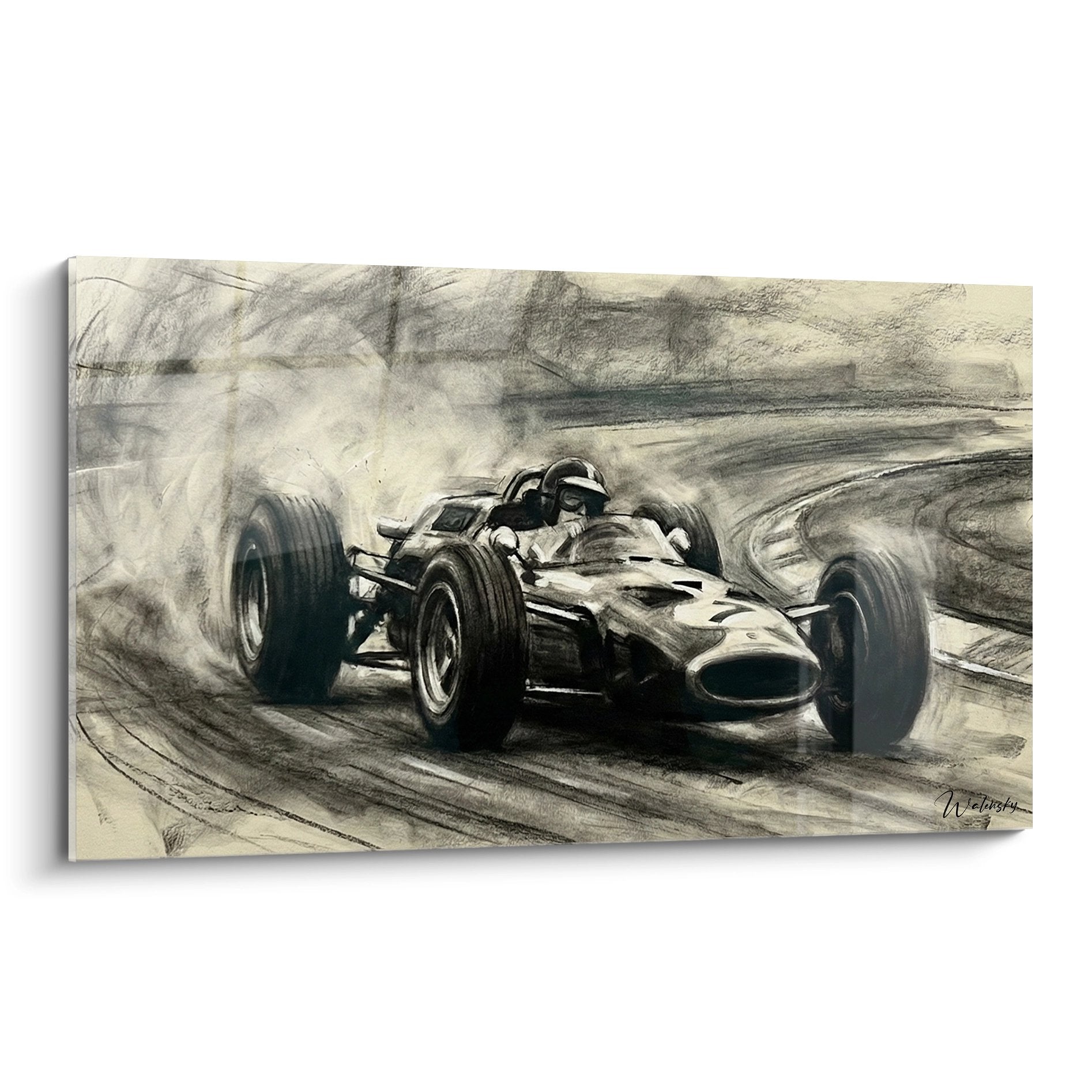 Tableau noir et blanc course automobile vintage F1 monoplace pilote circuit art mural decoration