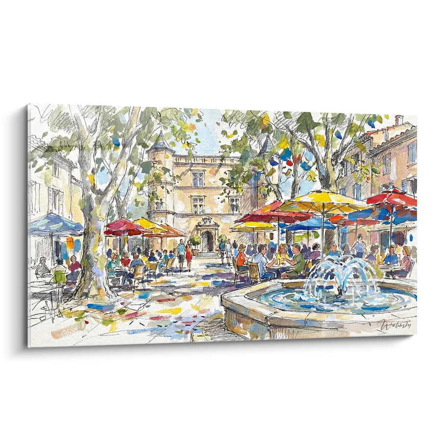 Lively Provençal Square Painting - Café Under the Plane Trees - Provence Edition