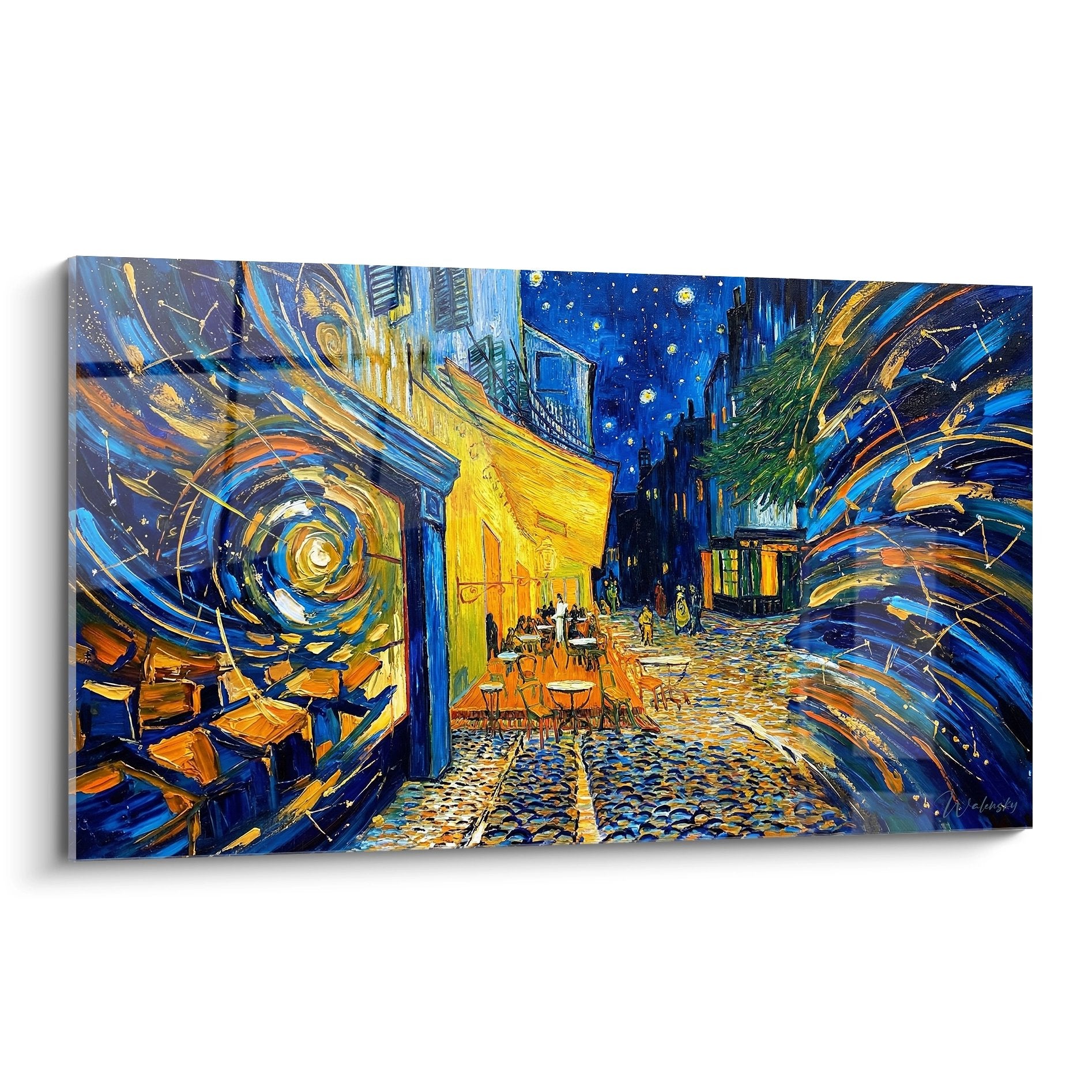 Tableau terrasse de cafe etoile style Van Gogh avec ciel tourbillonnant bleu et facade jaune provencale