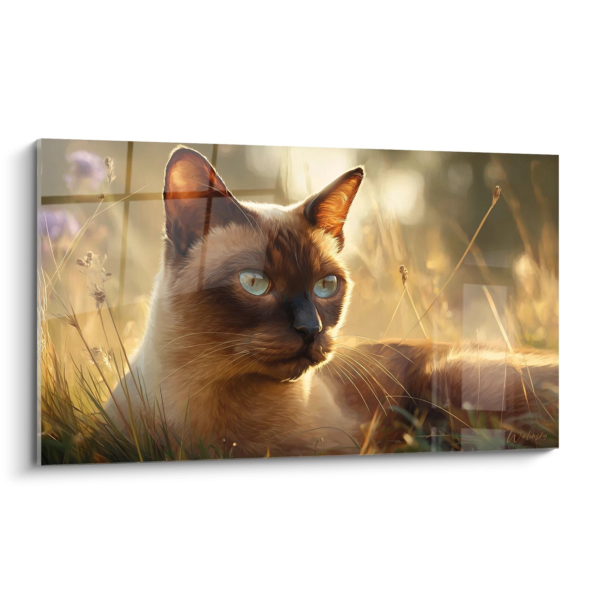 Tableau artistique chat Burmese aux yeux bleus dans lumiere doree avec herbes champetres decoration murale feline