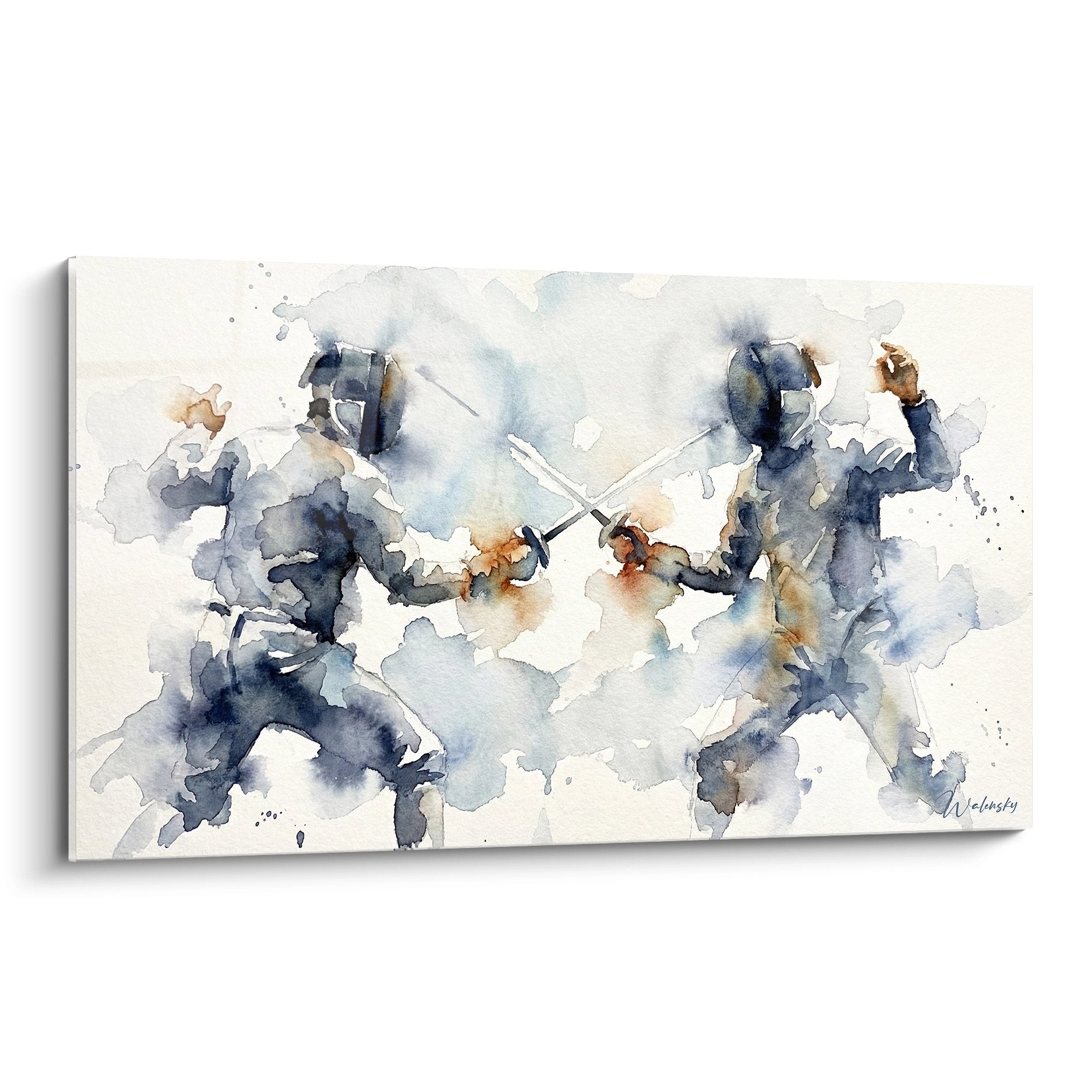Tableau aquarelle duel d'escrime deux combattants épées croisées style artistique moderne
