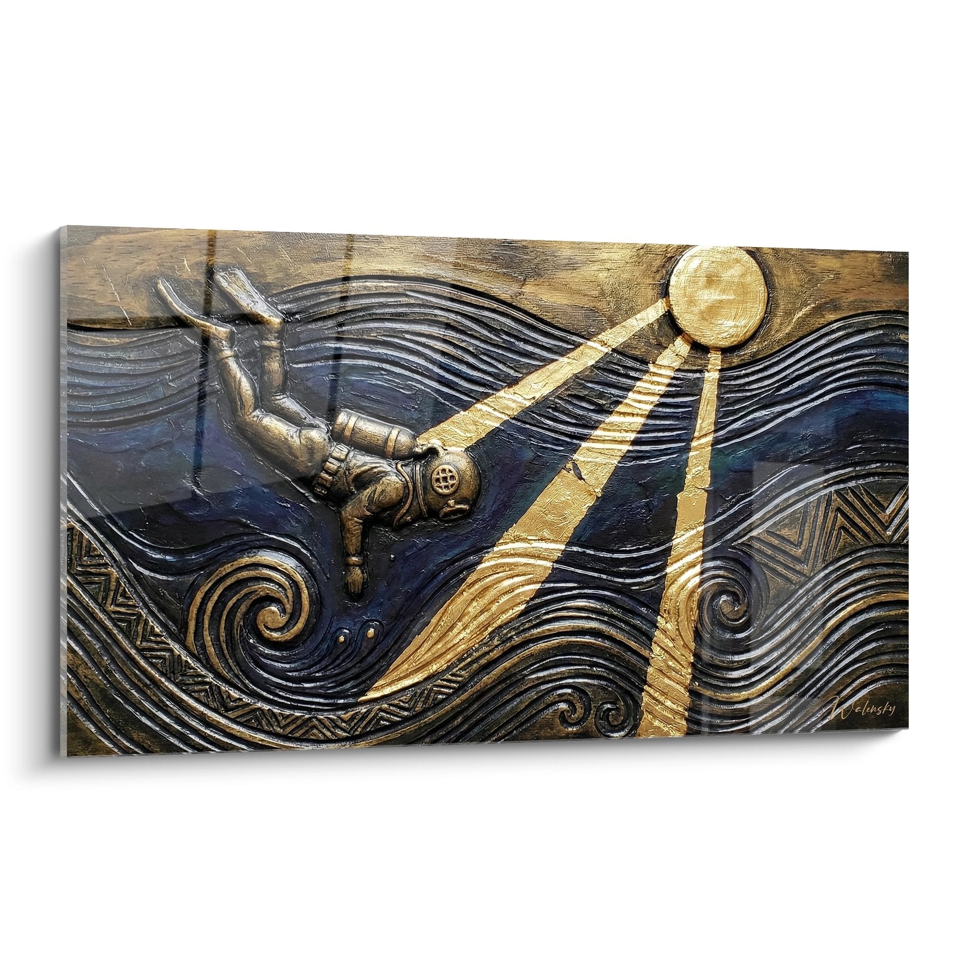 Tableau relief plongeur vintage avec ancre doree et vagues stylisees bleu ocean art mural plongee sous marine