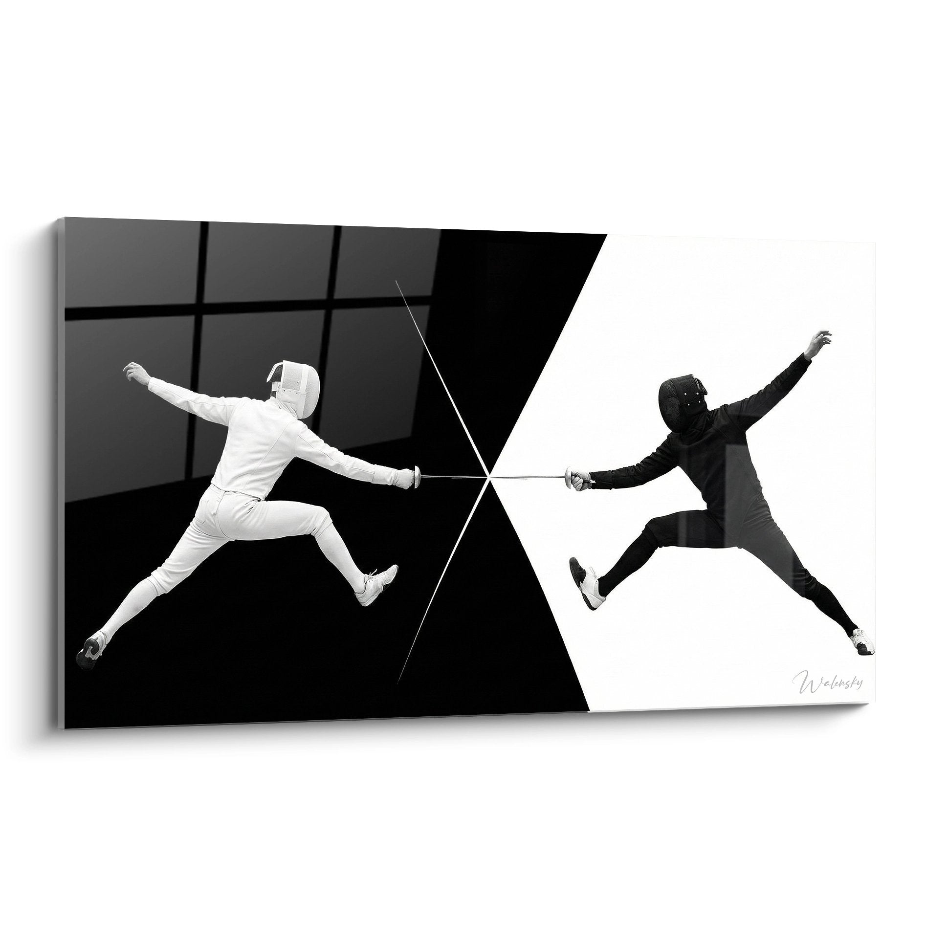 Tableau mural escrime duel noir blanc deux escrimeurs combat artistique decoration murale sport
