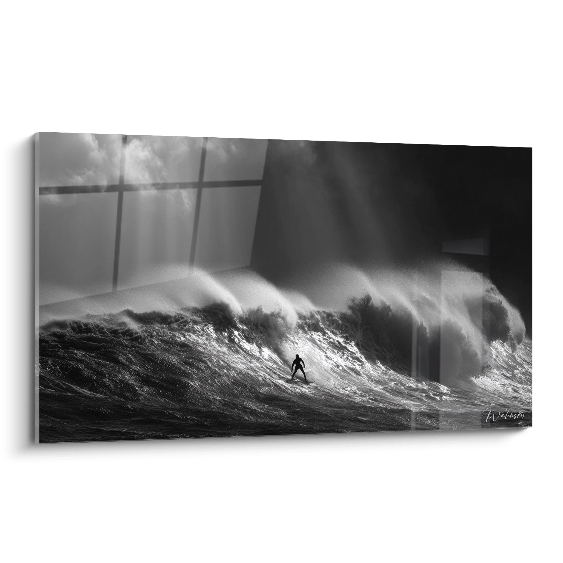 Tableau surf noir et blanc montrant surfeur sur vague géante avec embruns - art mural premium
