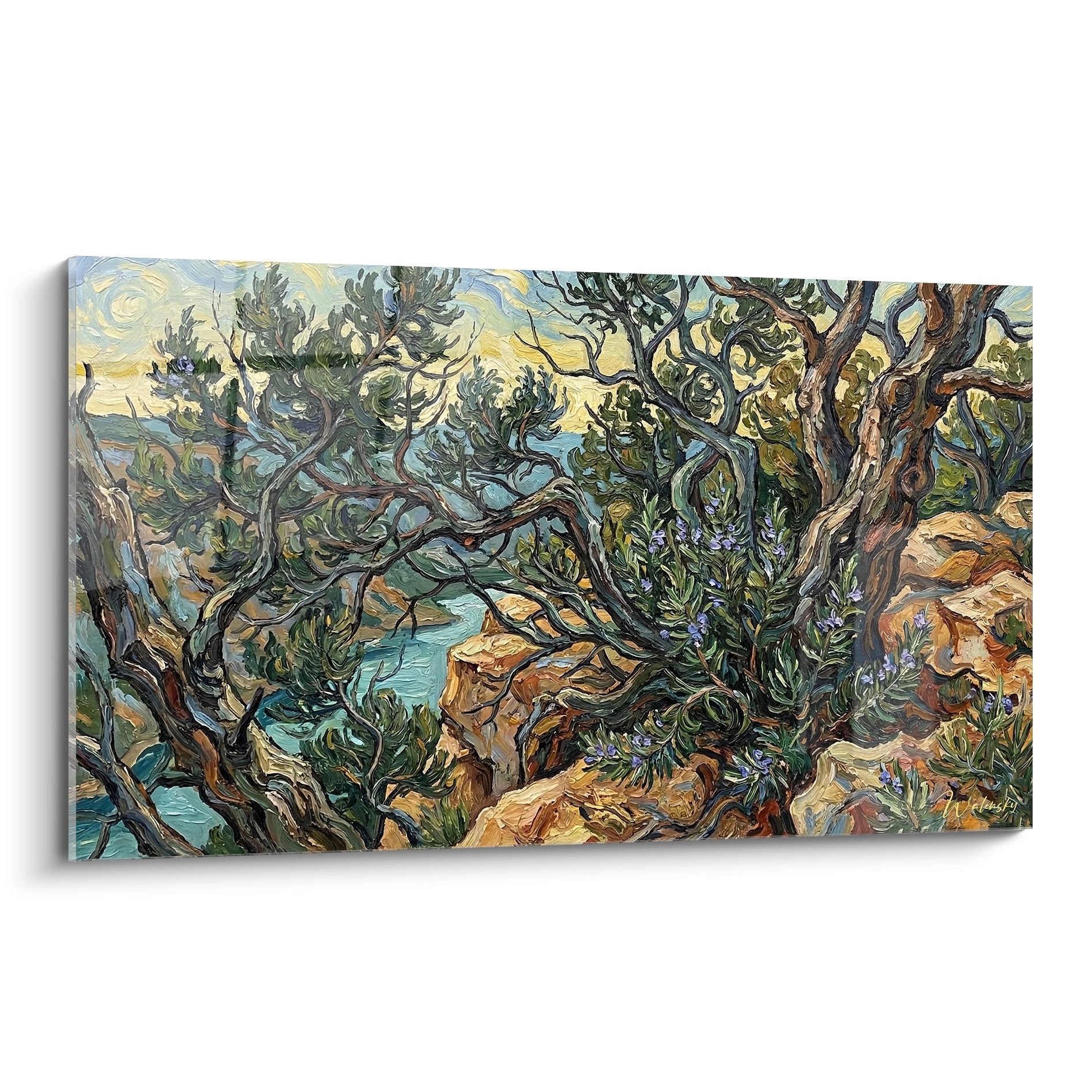 Tableau paysage provencal oliviers sauvages rochers ocre style post-impressionniste Gorges du Verdon