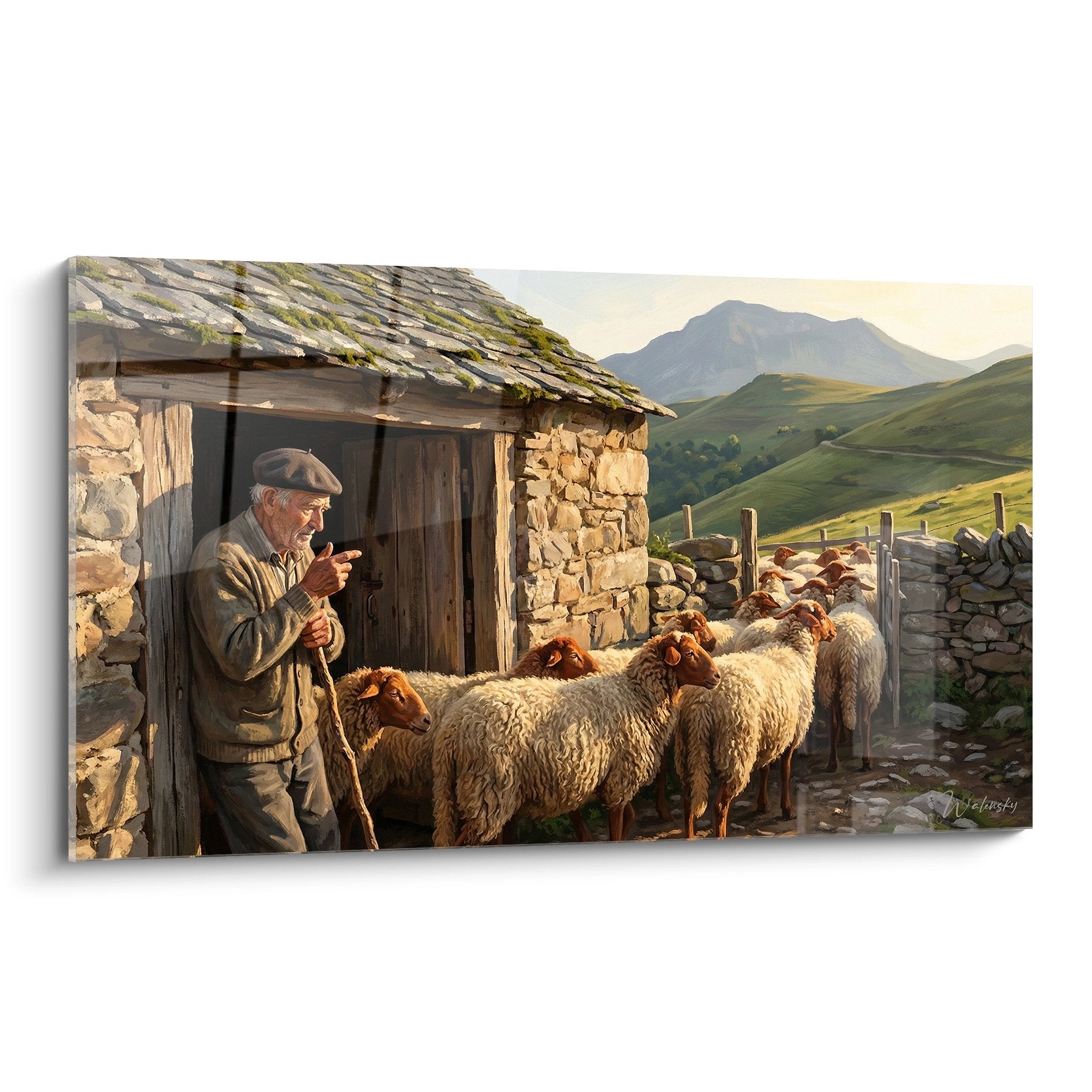 Tableau berger pyrénéen avec troupeau moutons devant bergerie pierre, paysage montagne Pyrénées, art pastoral traditionnel