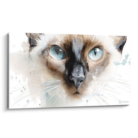 Tableau aquarelle chat Tonkinois aux yeux bleus turquoise, portrait artistique félin sur fond blanc épuré