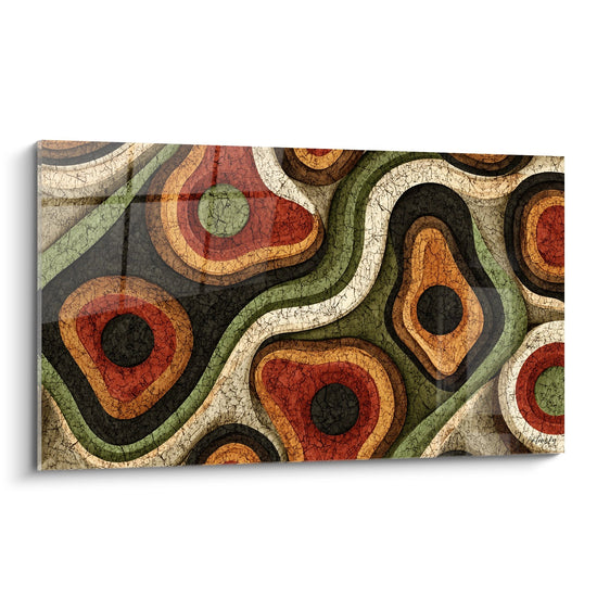 Quadro arte africana astratta con motivi organici fluidi ocra rosso verde su sfondo crema texture screpolata