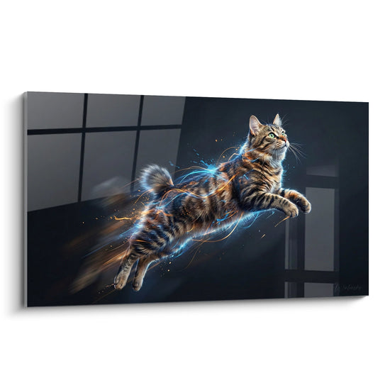 Schilderij Kat Vliegend Energetisch - Elektrisch Vermogen - Editie Kurilian Bobtail kat