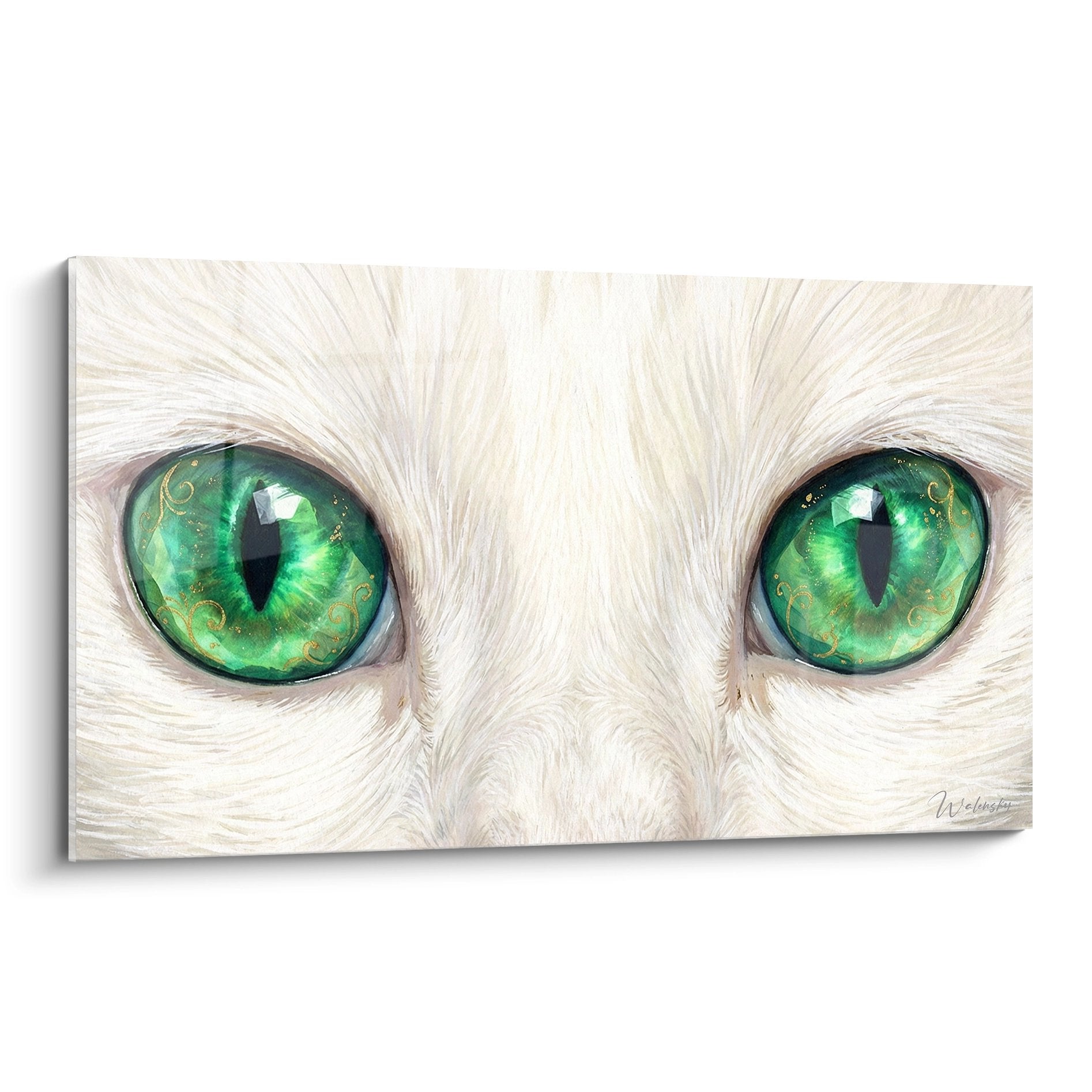 Tableau artistique gros plan yeux verts emeraude chat Khao Manee blanc pelage soyeux regard intense decoration murale