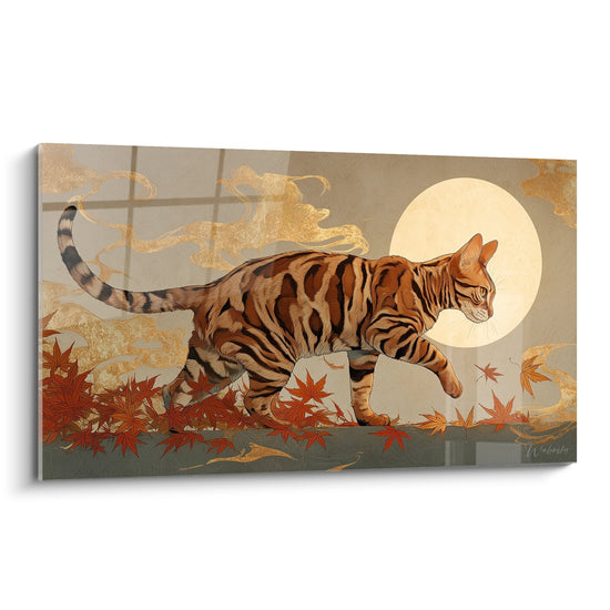 Herfstachtige Toyger kat schilderij onder de maan - Katachtige majesteit - Toyger kat editie
