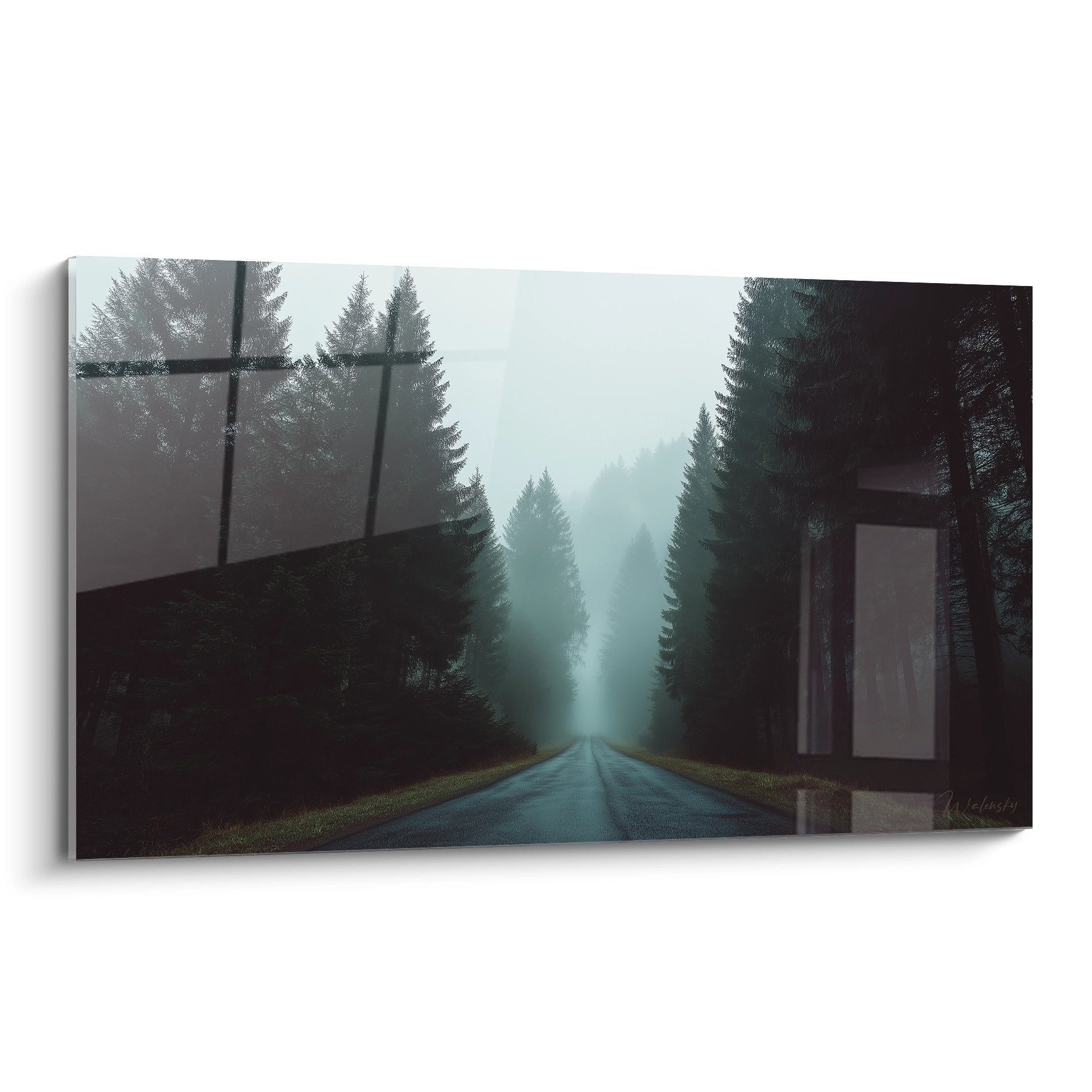 Tableau route forestière dans la brume des Vosges avec sapins et atmosphere mystérieuse edition vosges