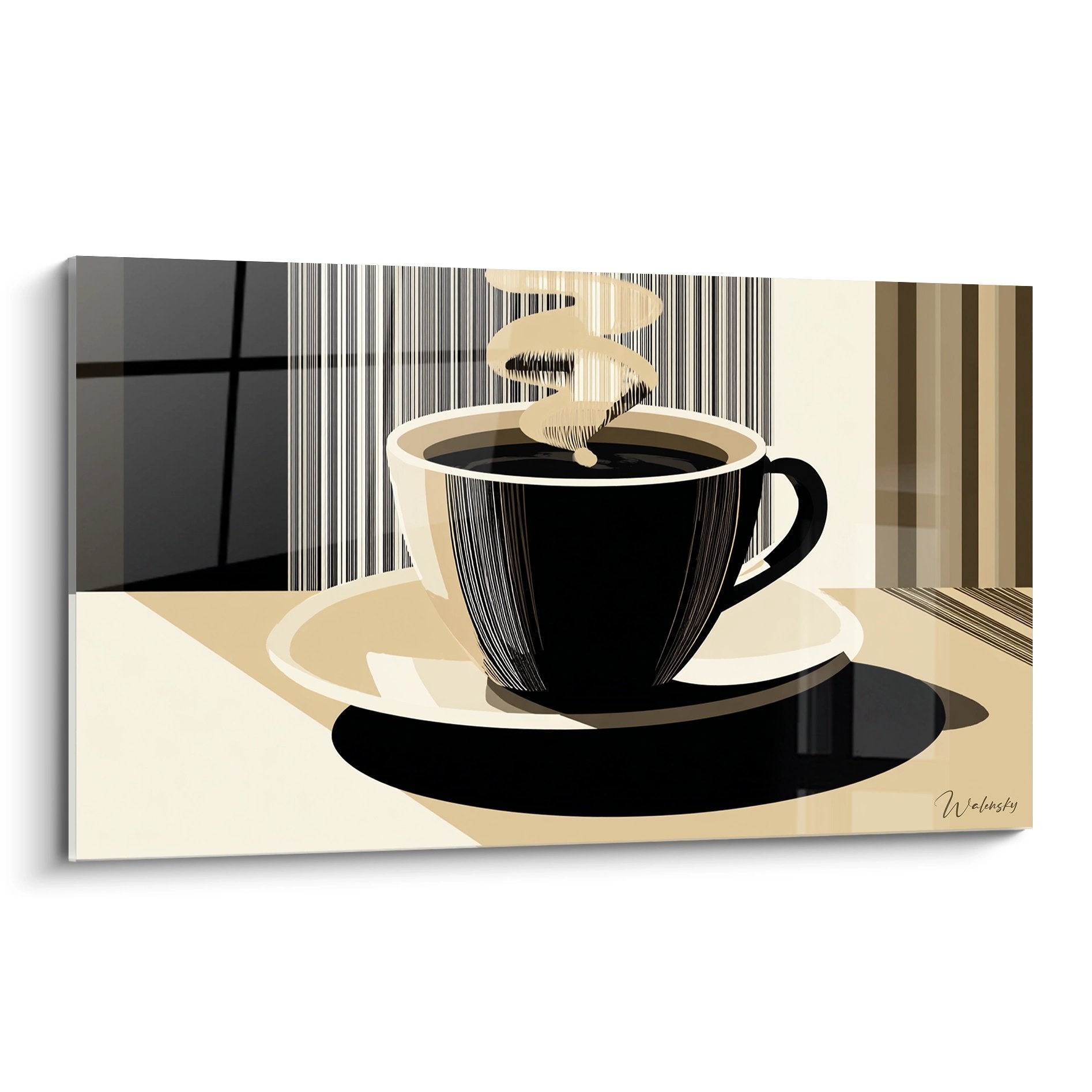 Tableau art deco tasse cafe noire avec vapeur doree sur fond geometrique beige et motifs lineaires