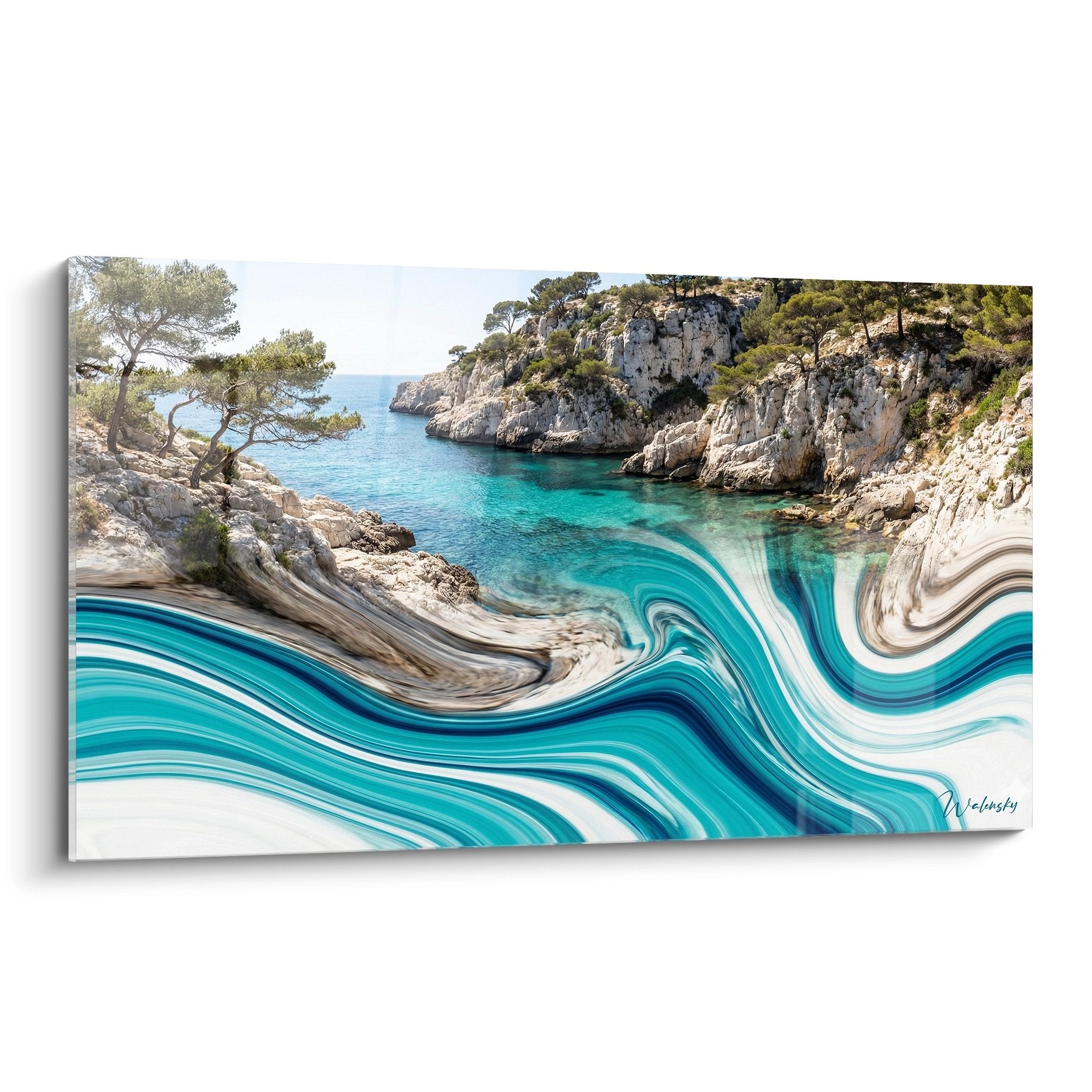 Tableau mural crique méditerranéenne aux eaux turquoise avec falaises blanches et motifs fluides abstraits