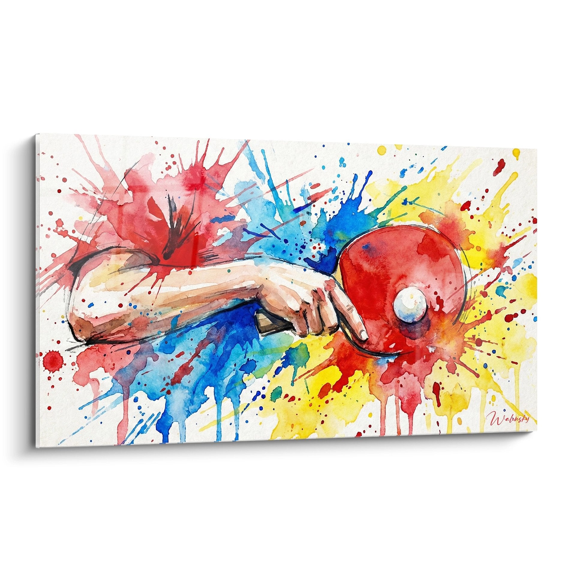 Tableau artistique raquette ping pong aquarelle explosion couleurs rouge bleu jaune sport moderne