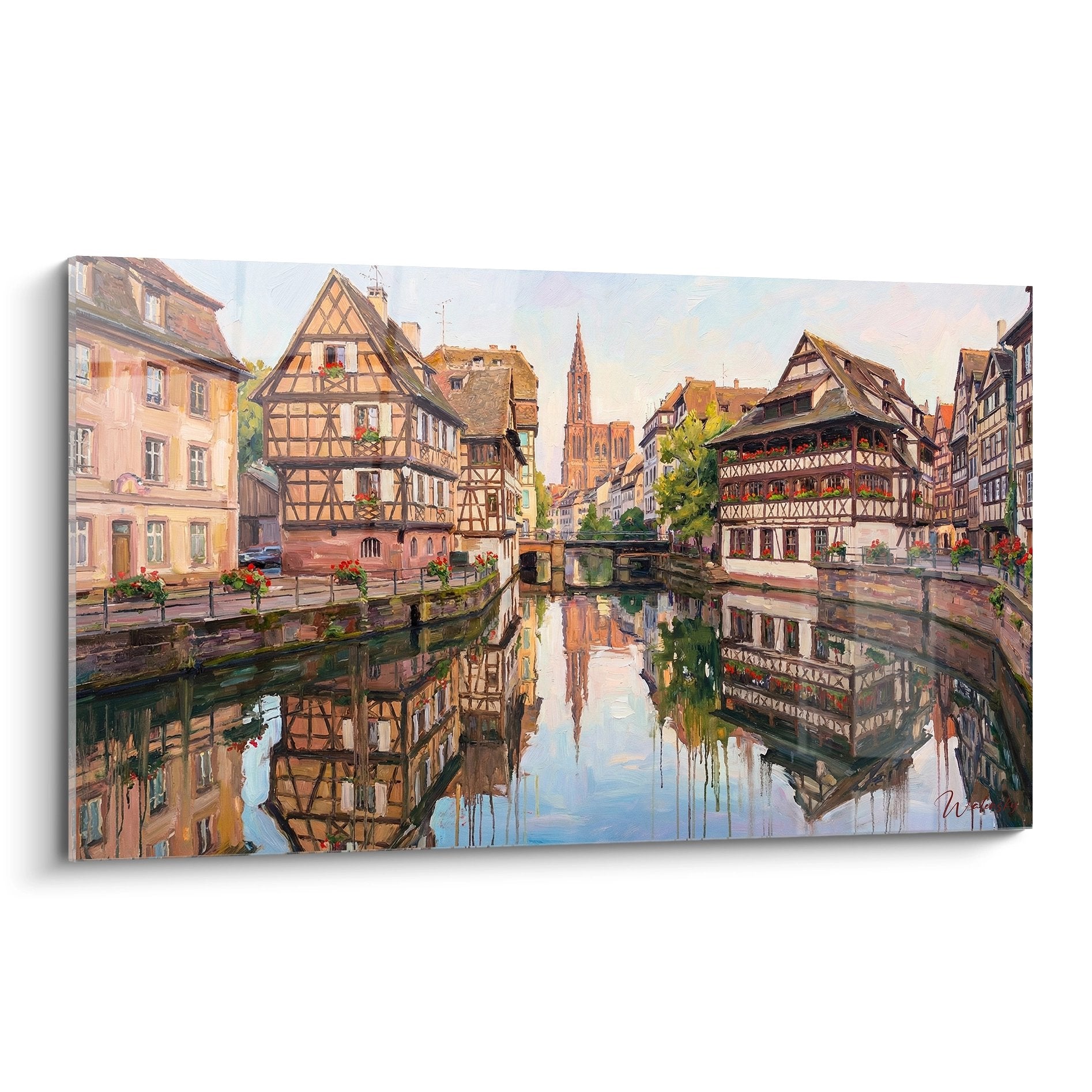 Tableau de la Petite France Strasbourg avec maisons à colombages se reflétant dans le canal, architecture alsacienne