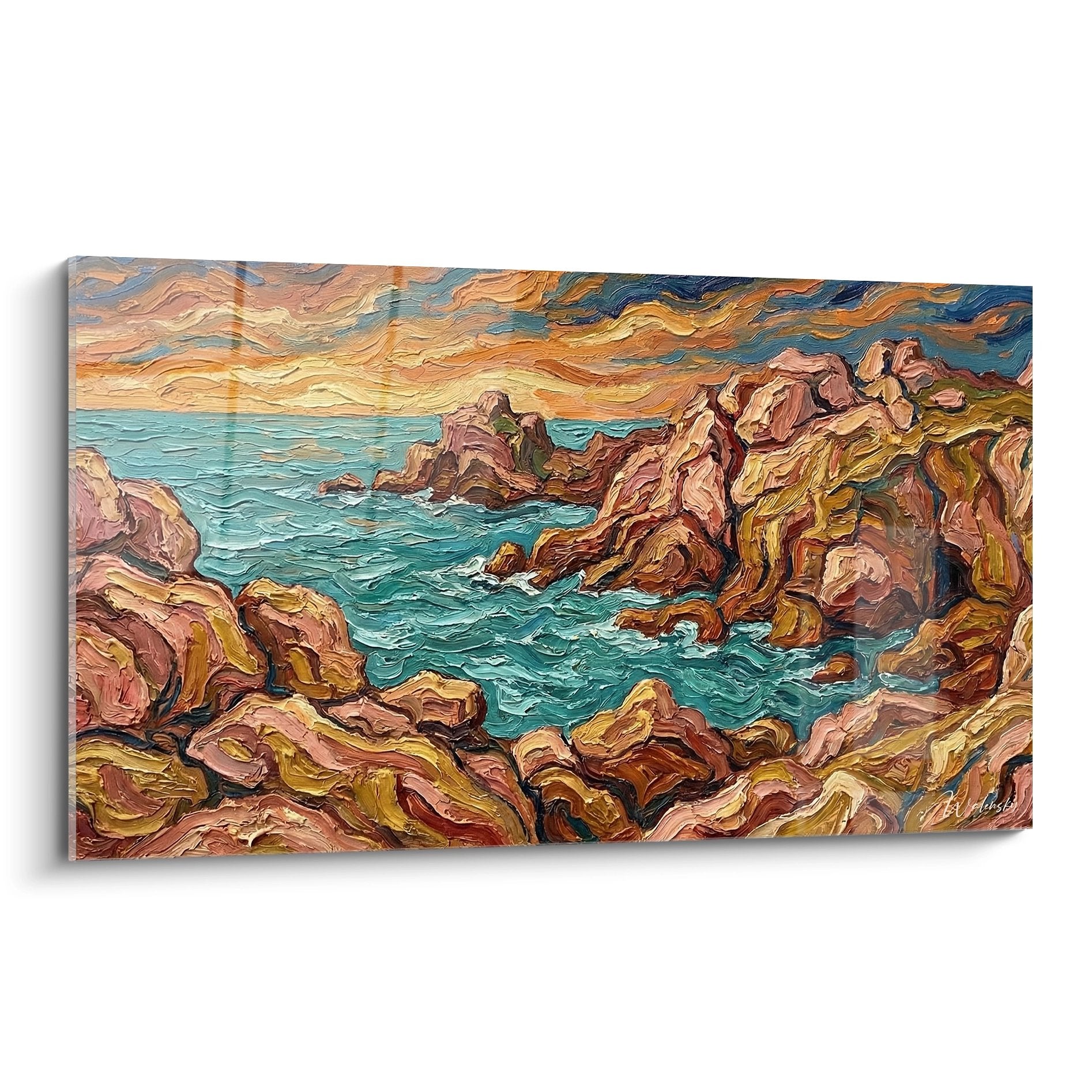 Tableau peinture côte rocheuse bretonne avec falaises colorées et océan turquoise, style empâtement expressif