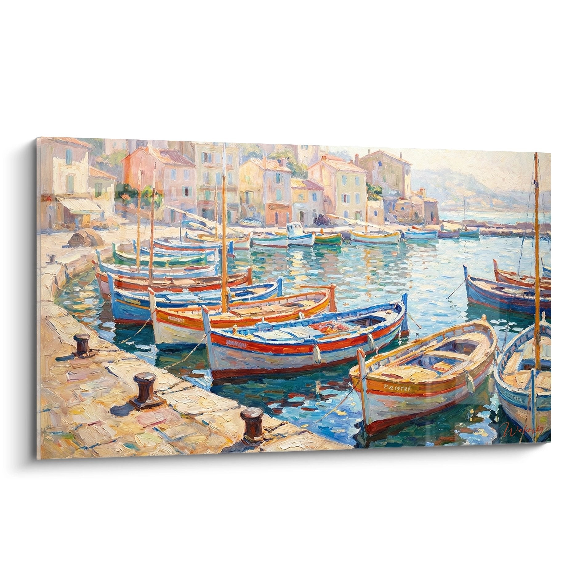 Tableau port méditerranéen avec barques colorées et maisons provençales, style Côte d'Azur impressionniste