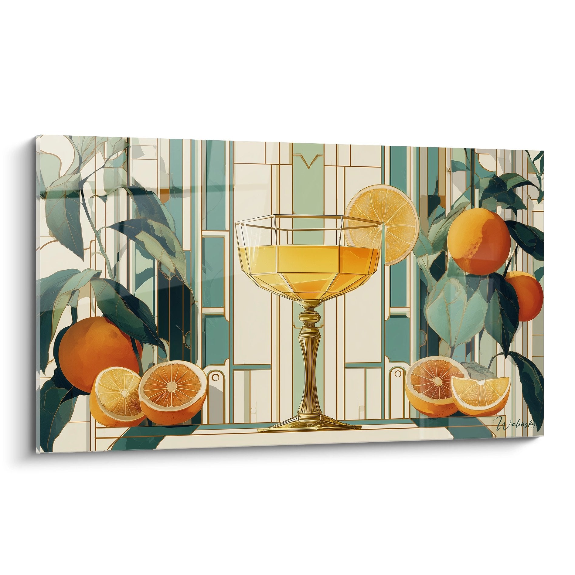 Tableau art déco nature morte avec cocktail doré et oranges fraîches sur fond géométrique vert et beige
