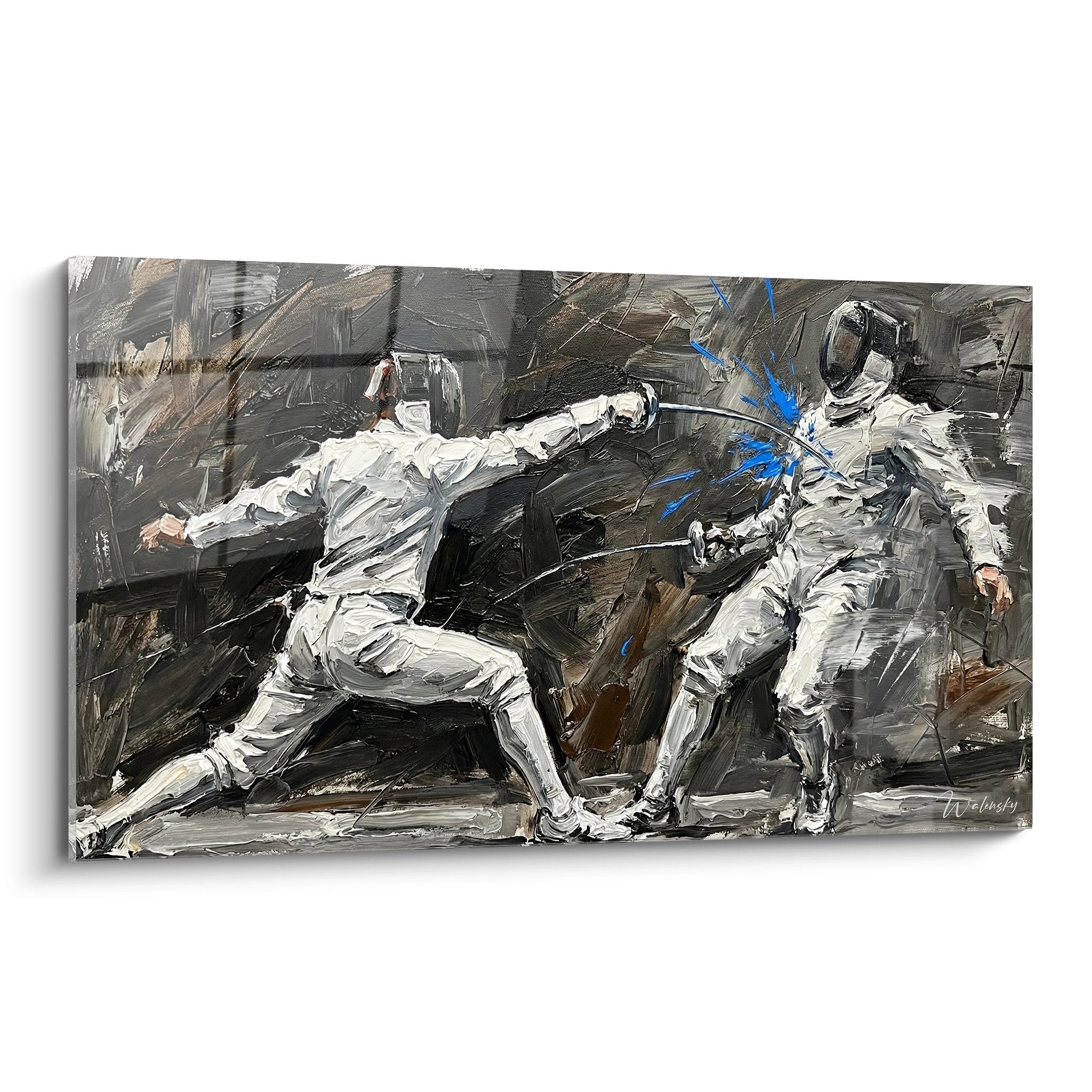 Tableau artistique representant un combat d'escrime avec deux tireurs en tenue blanche sur fond gris et brun