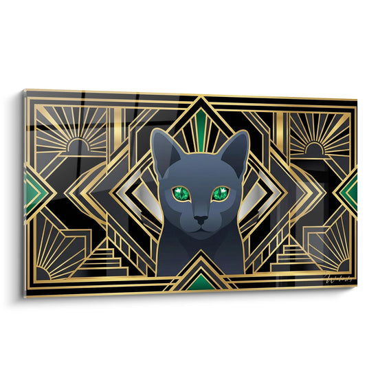 Tableau Chat Russian Blue Art Déco - Elegance Géométrique Dorée - Edition chat Russian Blue