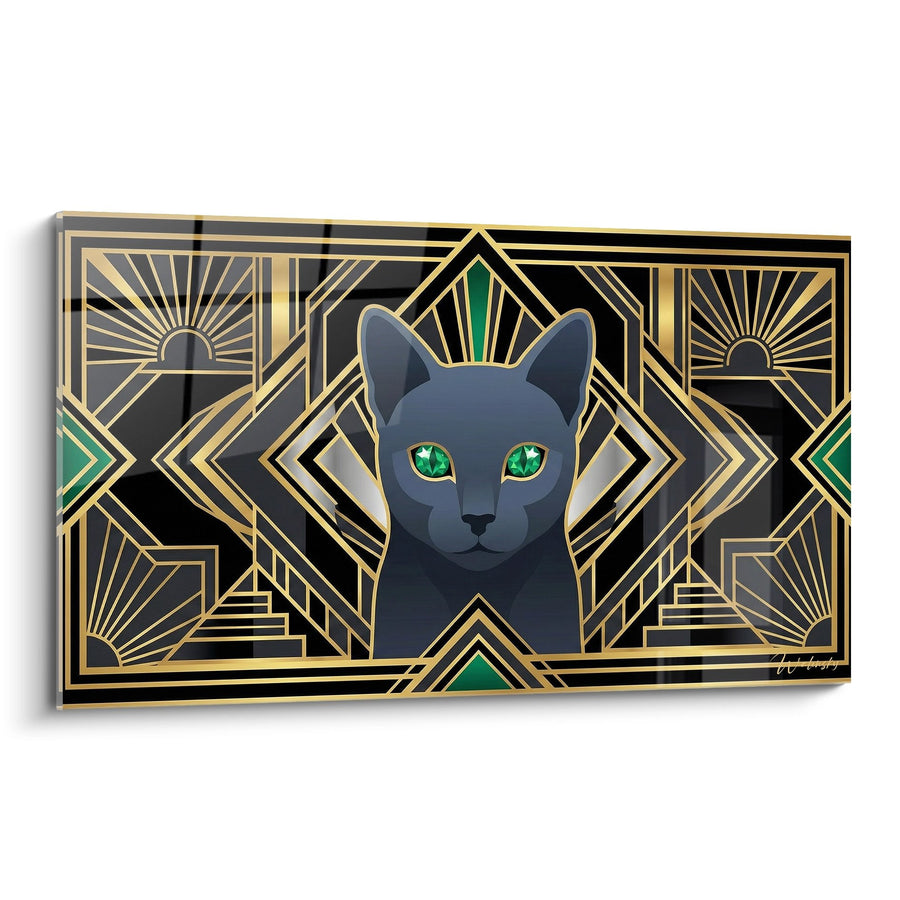 Tableau Chat Russian Blue Art Déco - Elegance Géométrique Dorée - Edition chat Russian Blue