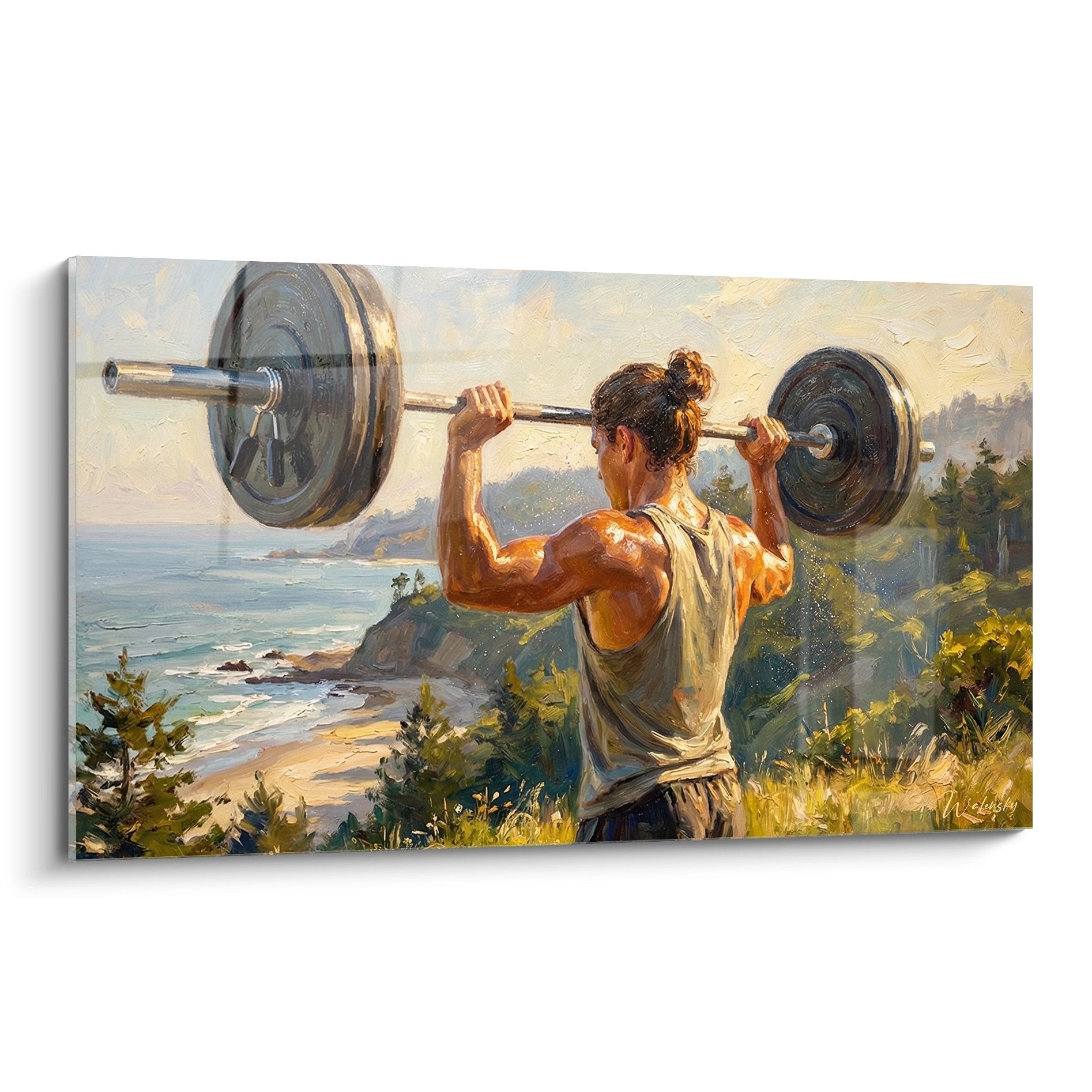 Tableau musculation homme barbell squat paysage côtier coucher soleil art fitness nature decoration murale gym