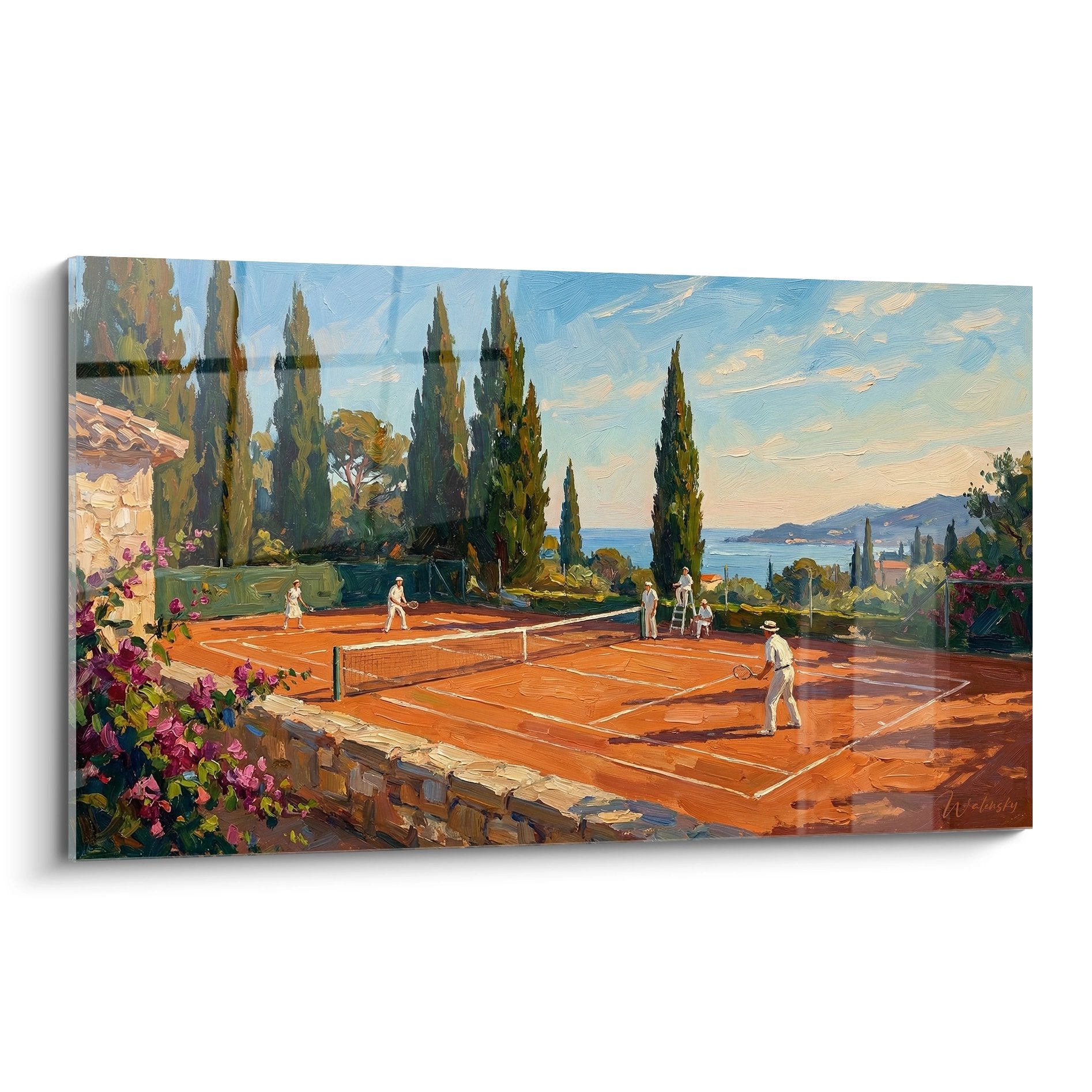Tableau peinture court de tennis terre battue Riviera méditerranéenne avec cyprès et vue mer