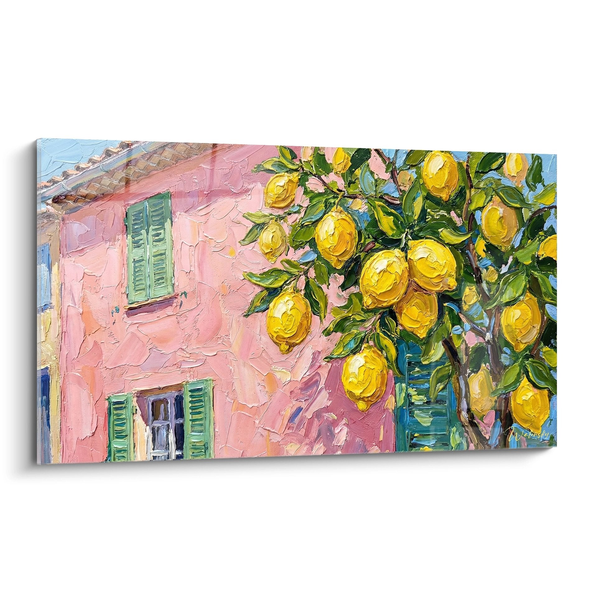 Tableau art mural maison rose provencale avec citronniers jaunes et volets verts style impressionniste Cote d'Azur