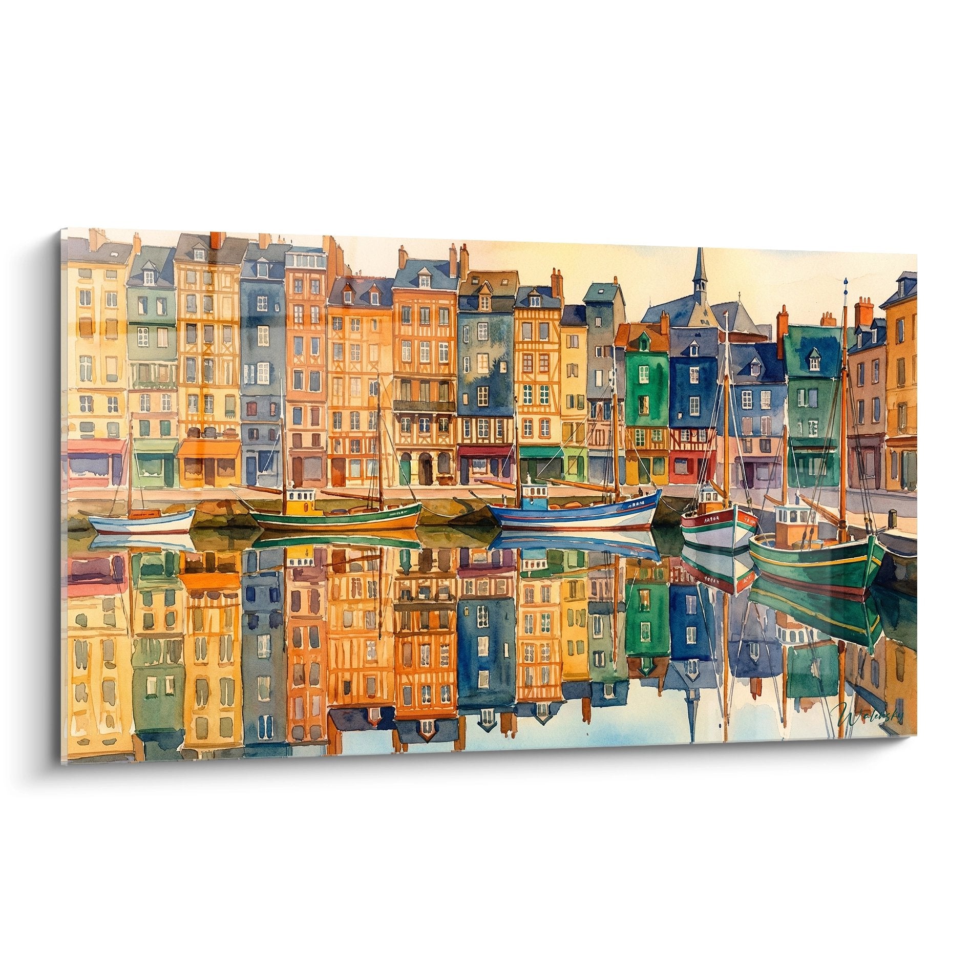 Tableau coloré du port de Honfleur avec maisons normandes typiques et bateaux se reflétant dans l'eau du vieux bassin