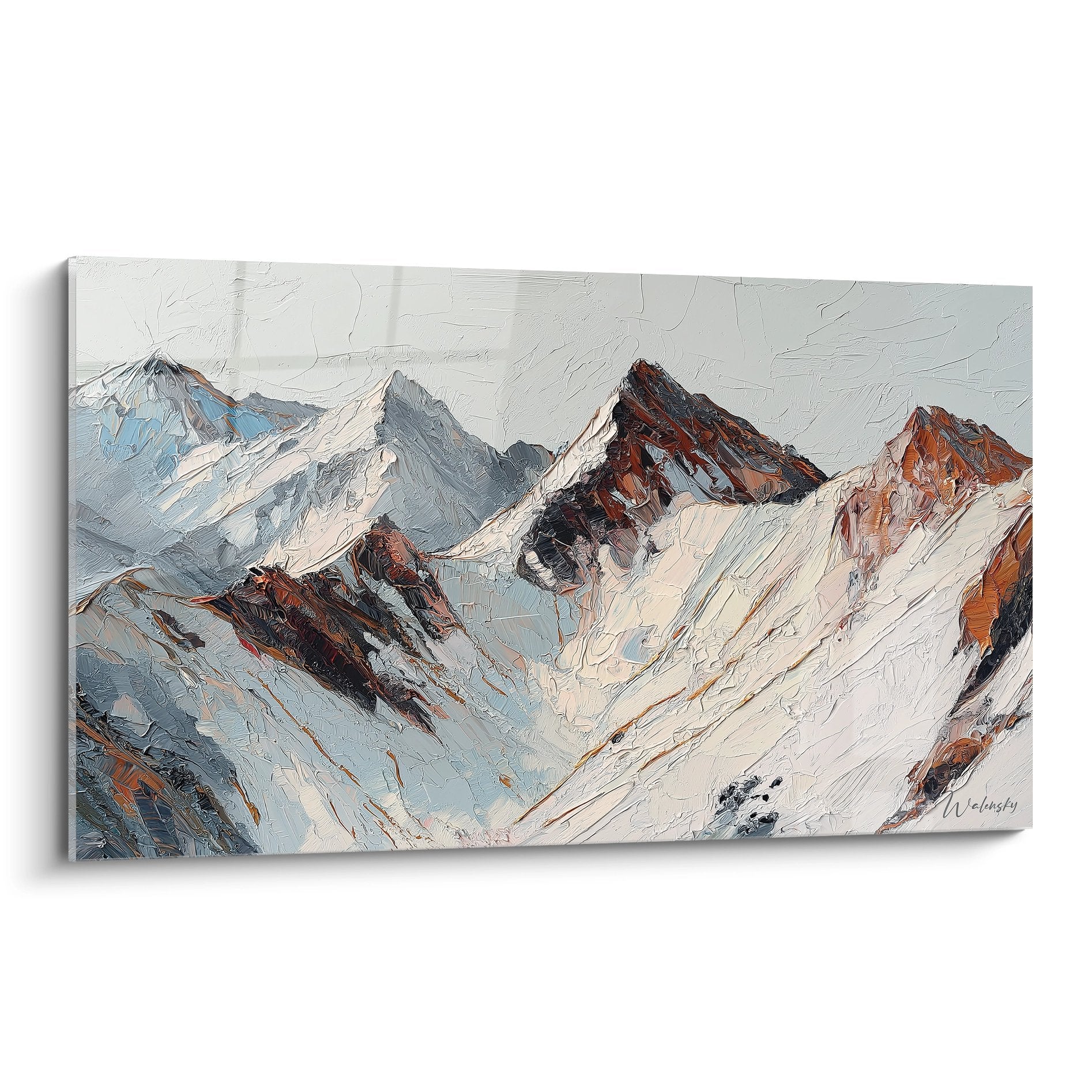 Tableau peinture montagnes pyrénéennes sommets enneigés technique empâtement décoration murale