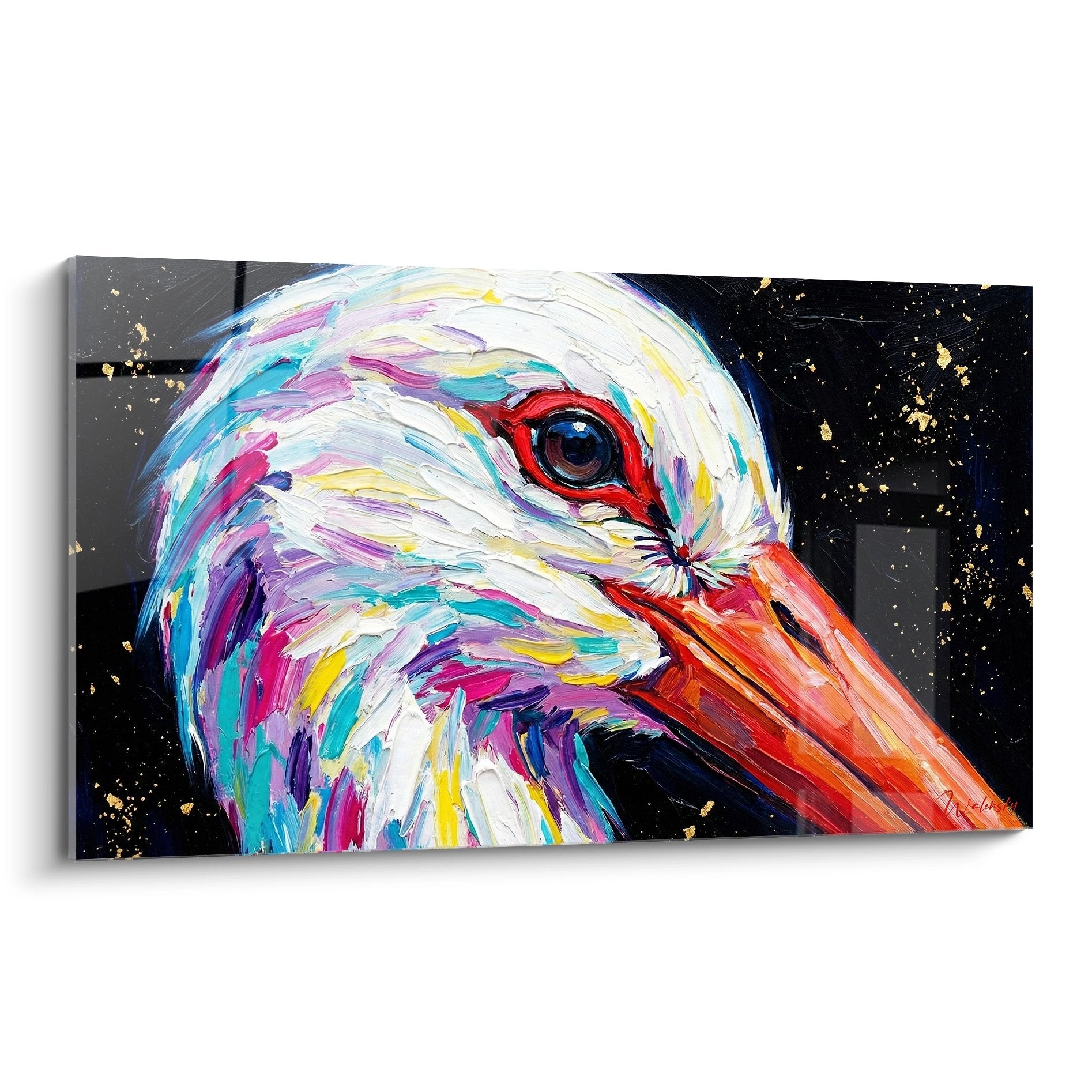 Tableau moderne cigogne colorée aux couleurs vives sur fond étoilé noir - art mural contemporain Edition Cigogne