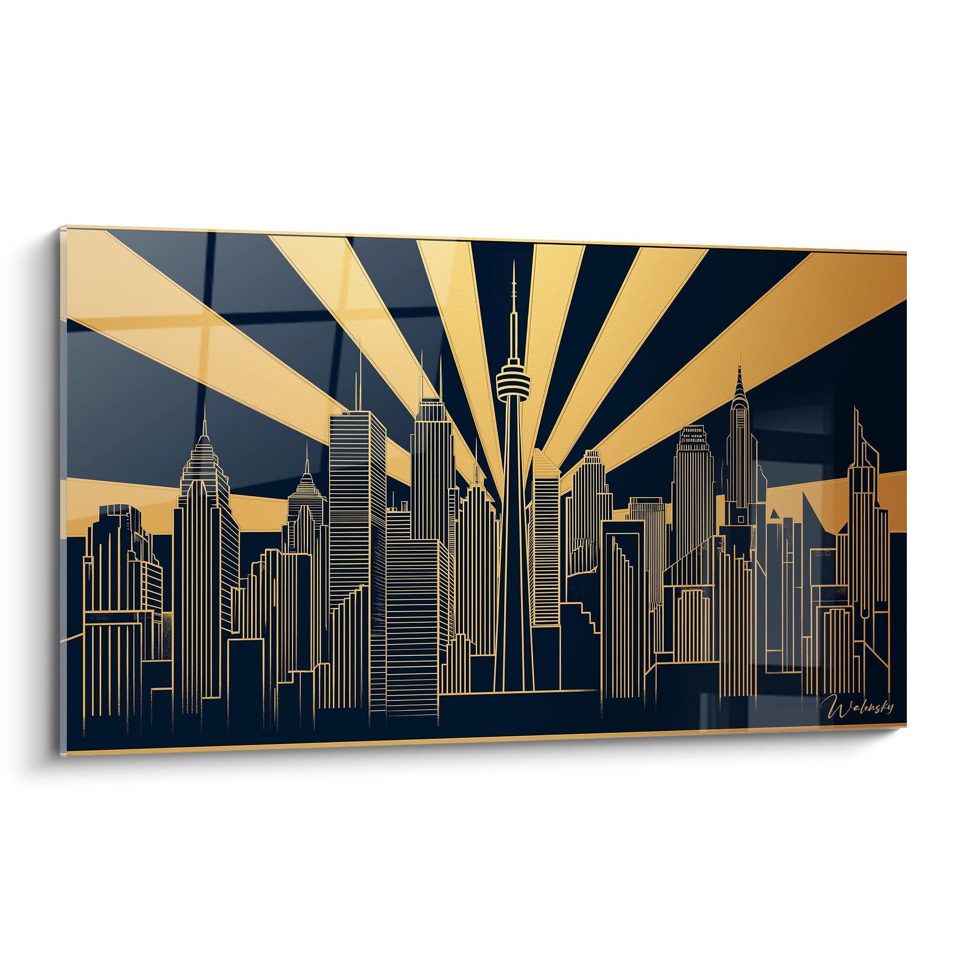 Tableau art déco skyline urbain avec rayons dorés sur gratte-ciels bleu marine, style vintage moderne