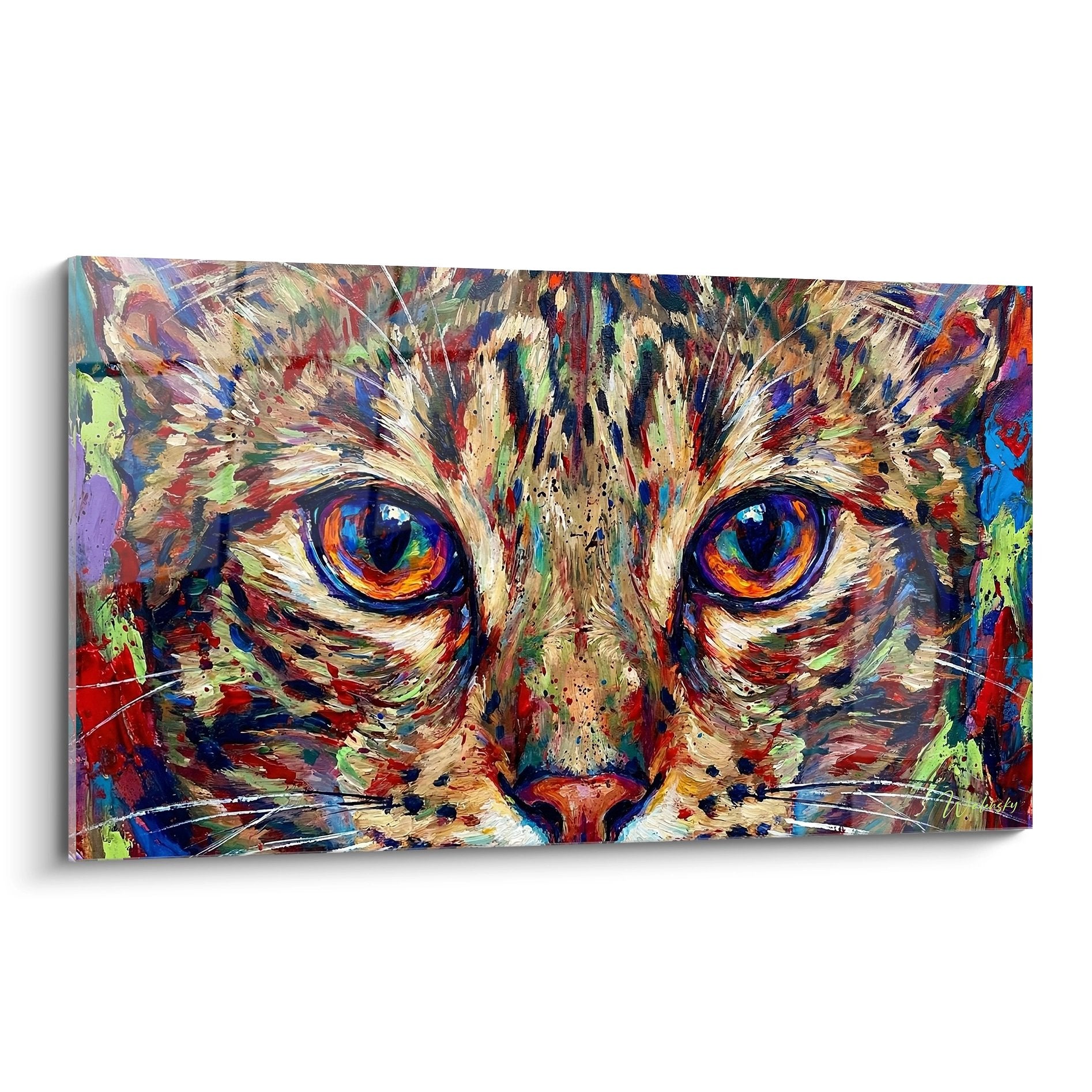 Tableau expressionniste chat multicolore aux yeux orange et bleu, peinture moderne style fauve sur toile