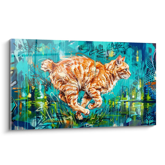 Schilderij springende oranje kat – Dynamische streetart – Manxkat-editie