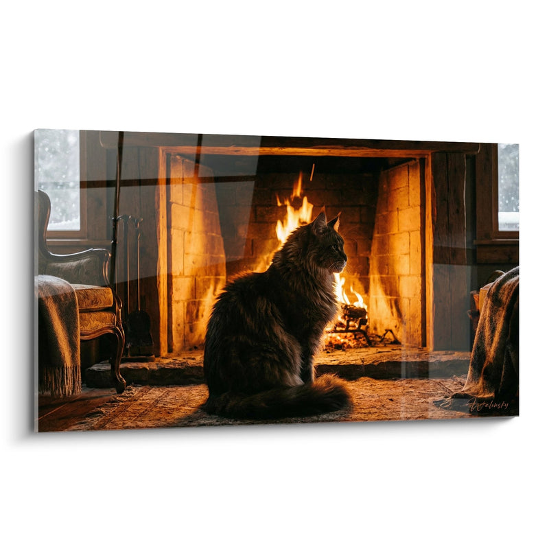 Maine-Coon-Katzen-Gemälde am Kaminfeuer - Winterwärme - Maine-Coon-Katzen-Edition