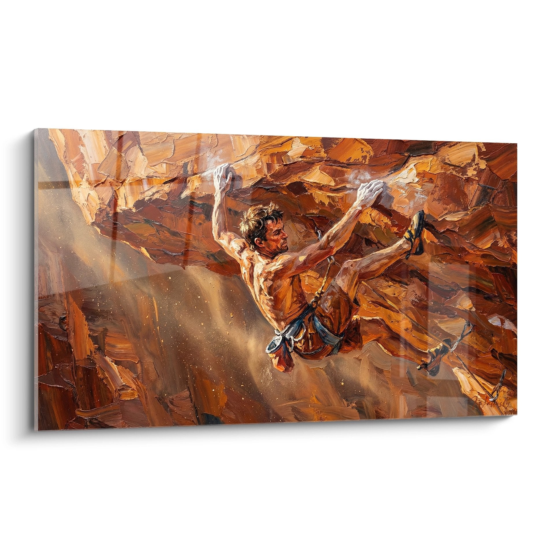 Tableau art escalade grimpeur falaise roche ocre decoration murale sport extreme