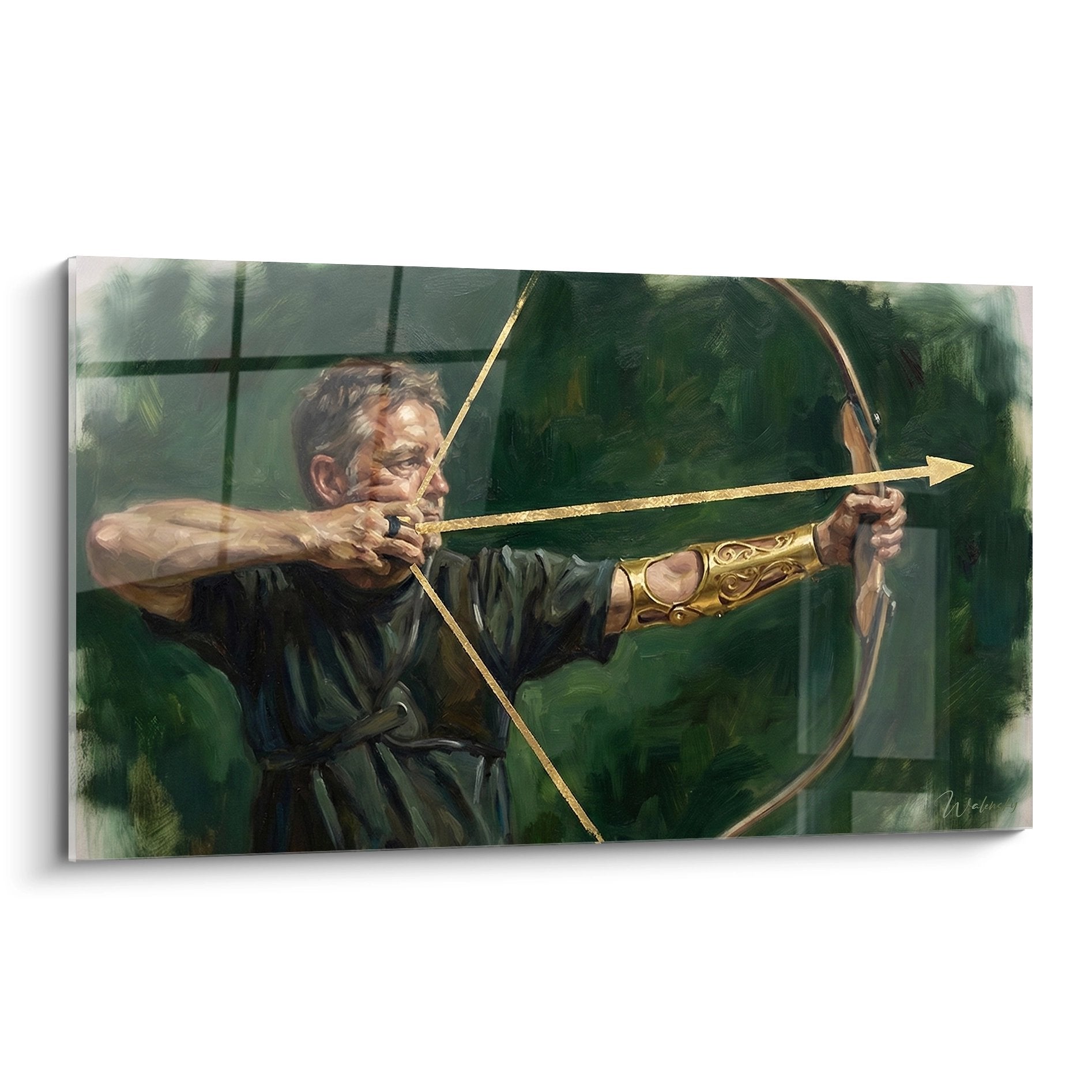 Tableau archer paralympique en concentration tenant son arc doré, œuvre d'art sportive murale