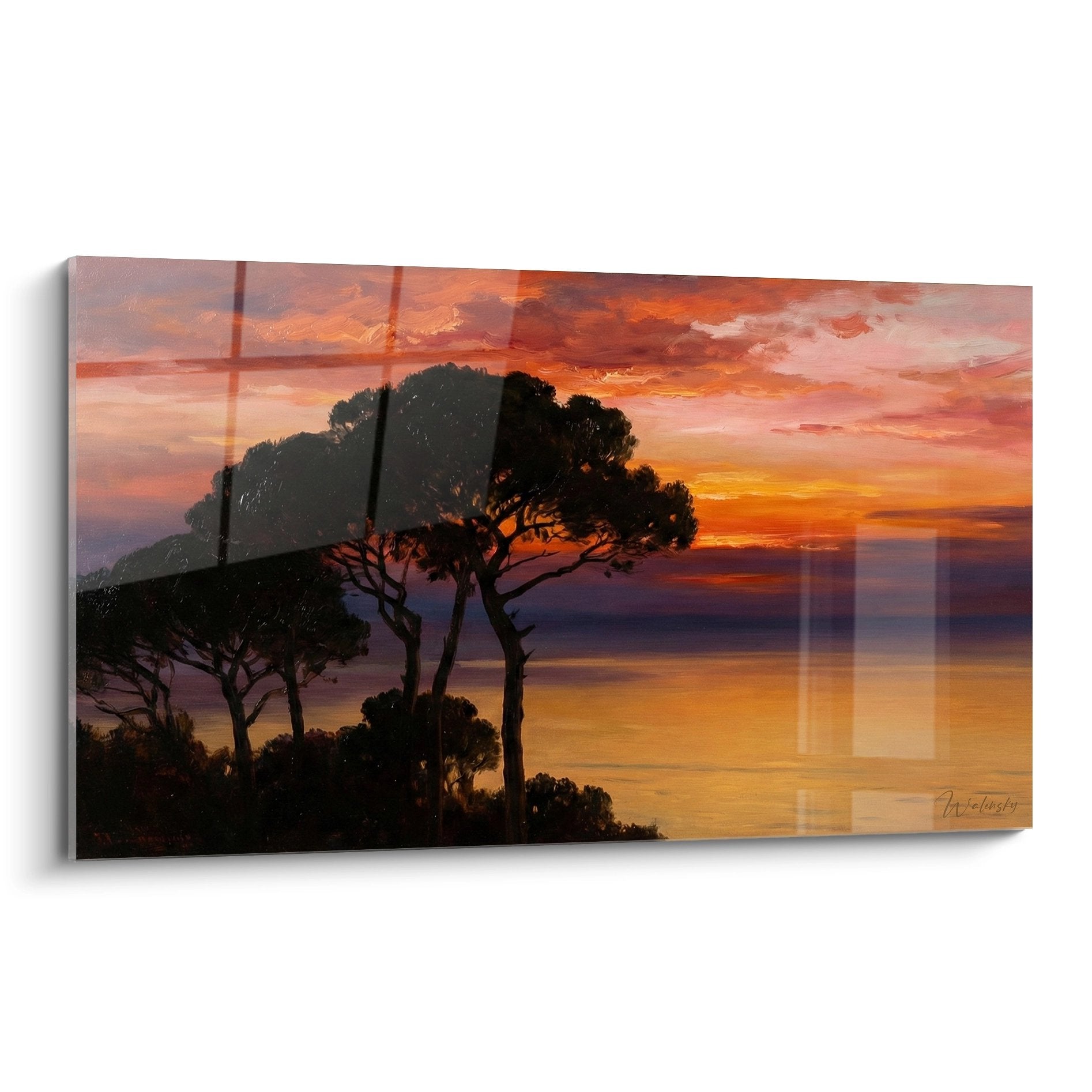 Tableau coucher soleil mediterraneen avec pins parasols silhouettes ciel orange rose Cote d'Azur art mural