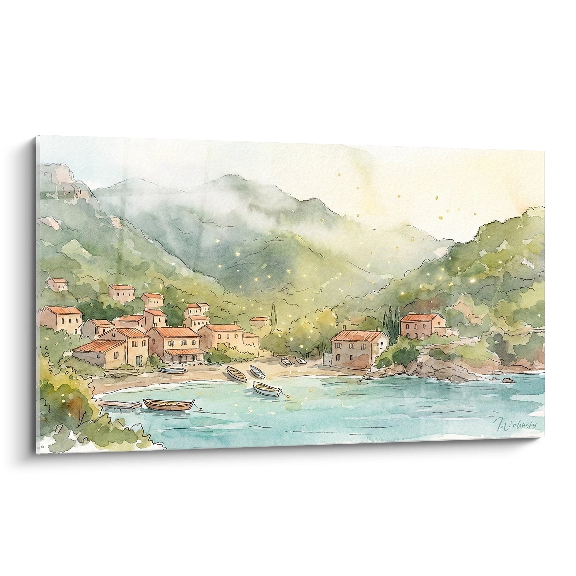 Aquarelle village côtier corse avec maisons traditionnelles et bateaux de pêche dans baie méditerranéenne