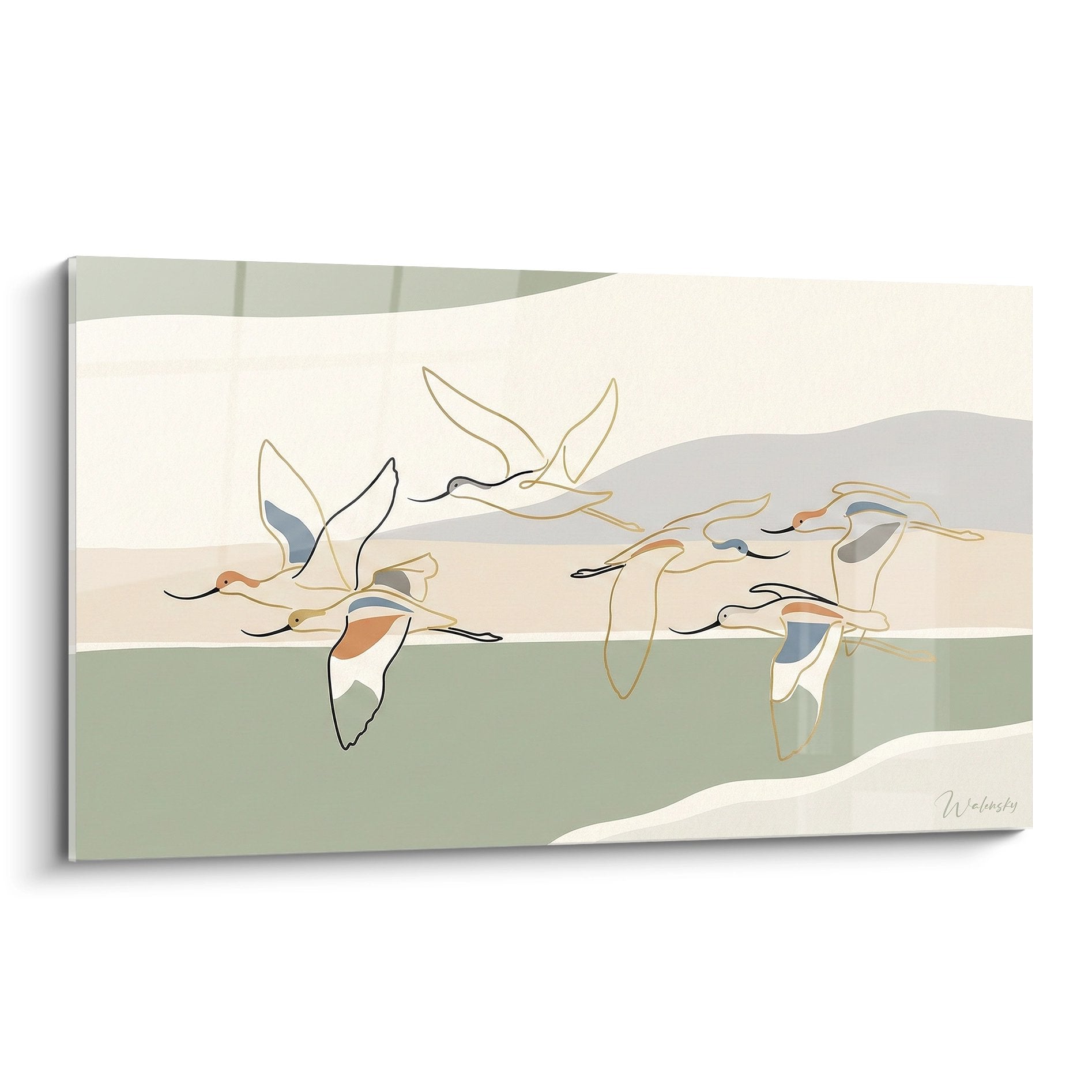 Tableau moderne flamants roses en vol style minimaliste tons pastel decoration murale nature Camargue