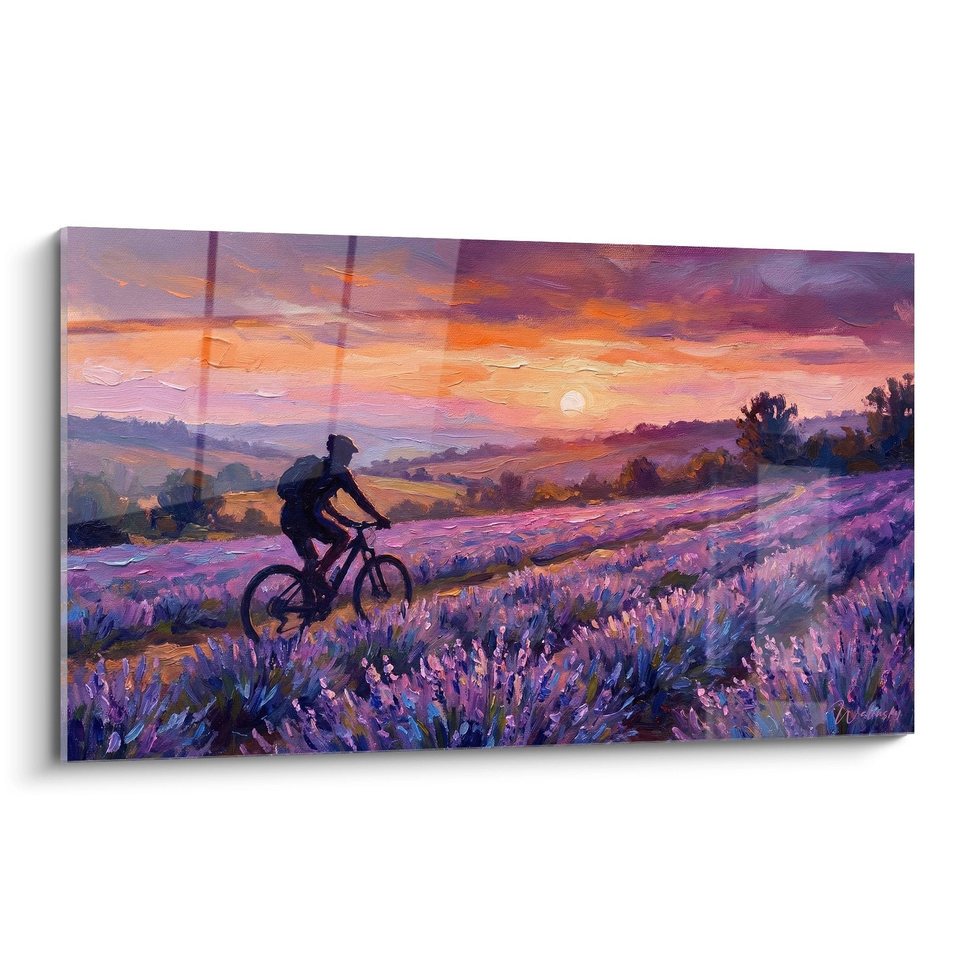 Tableau VTT cycliste champs lavande coucher soleil Provence peinture murale decoration
