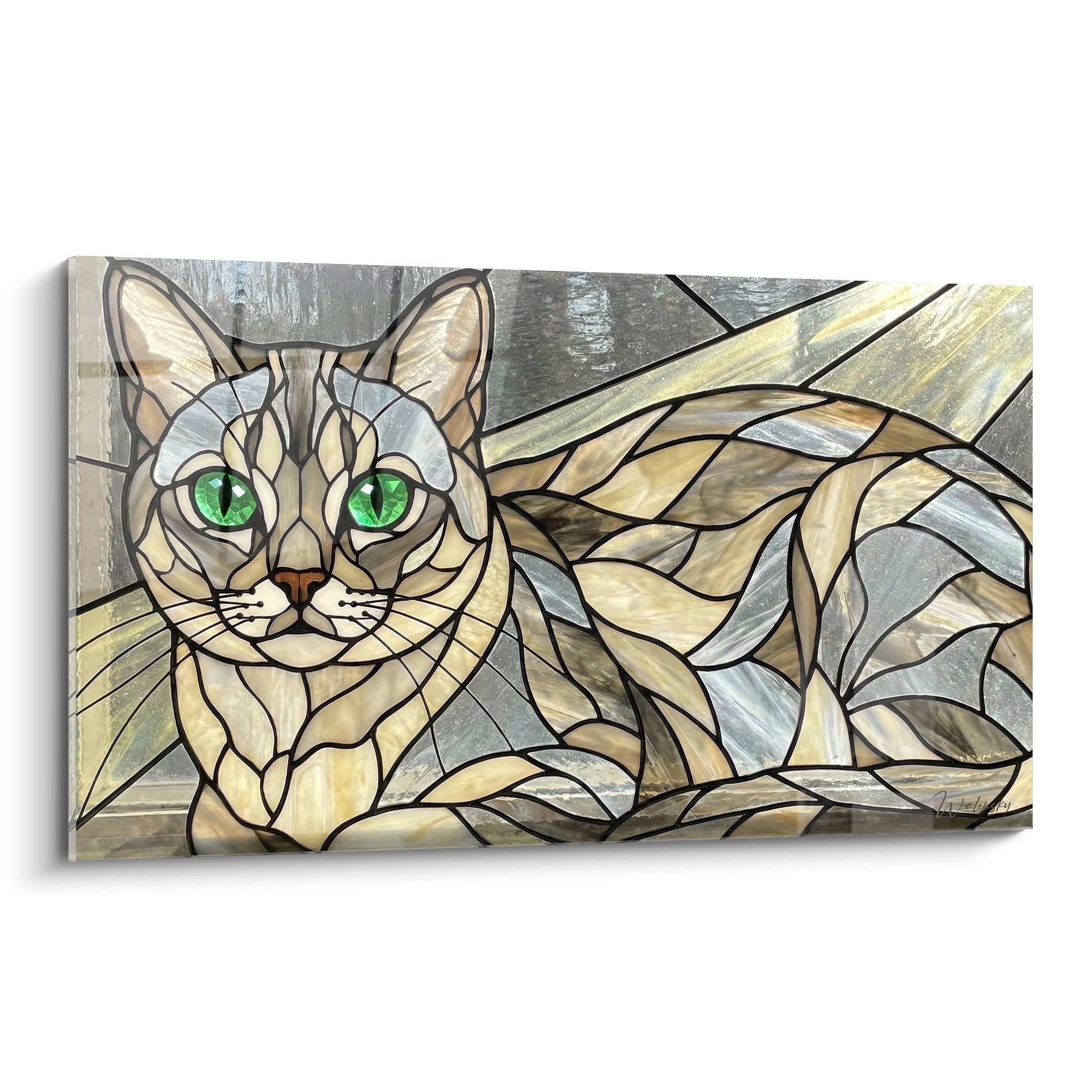 Tableau chat style vitrail art déco aux yeux verts, mosaïque dorée et argentée, édition Burmilla